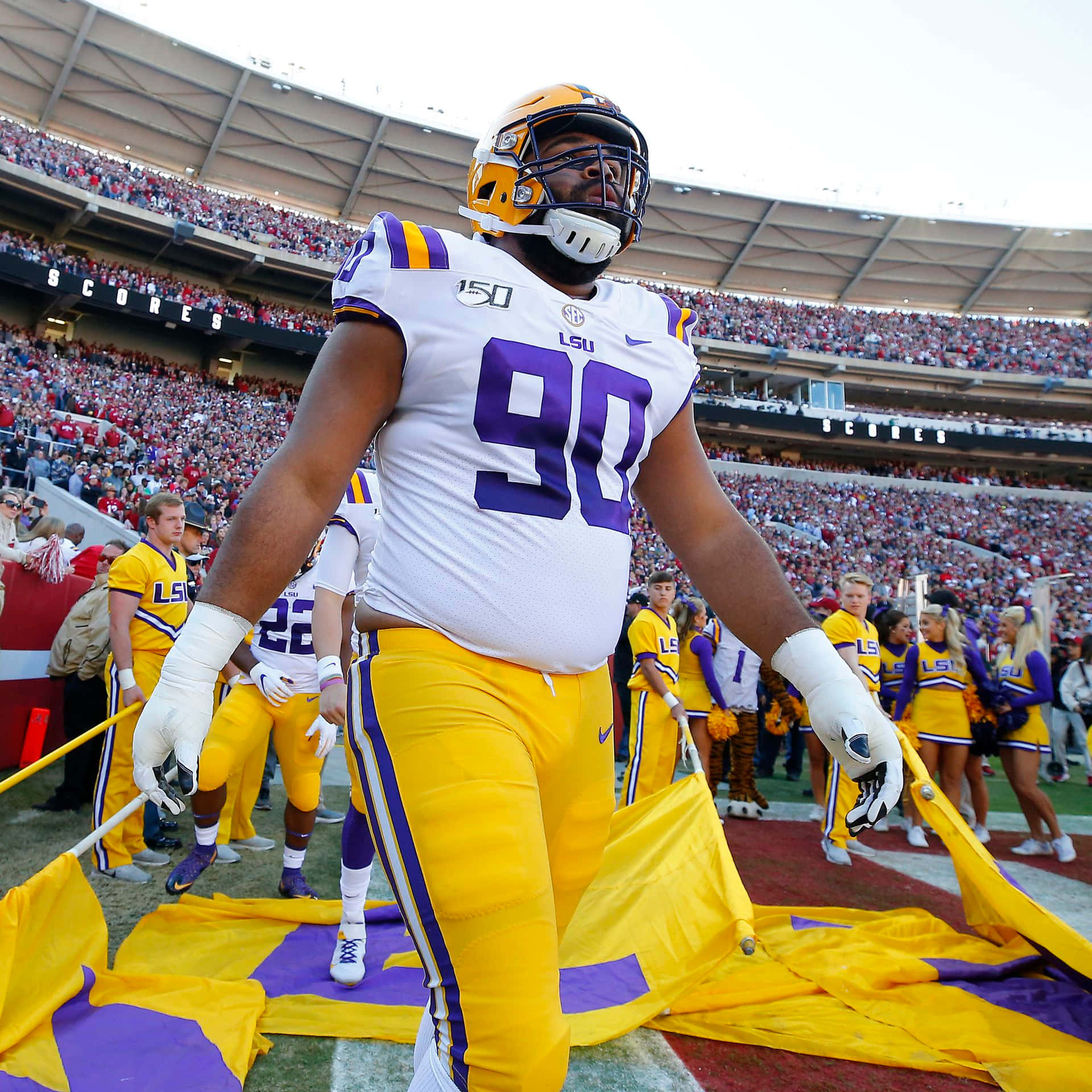 LSU Football, white and gold uniform, team flag, Full HD Desktop Wallpaper