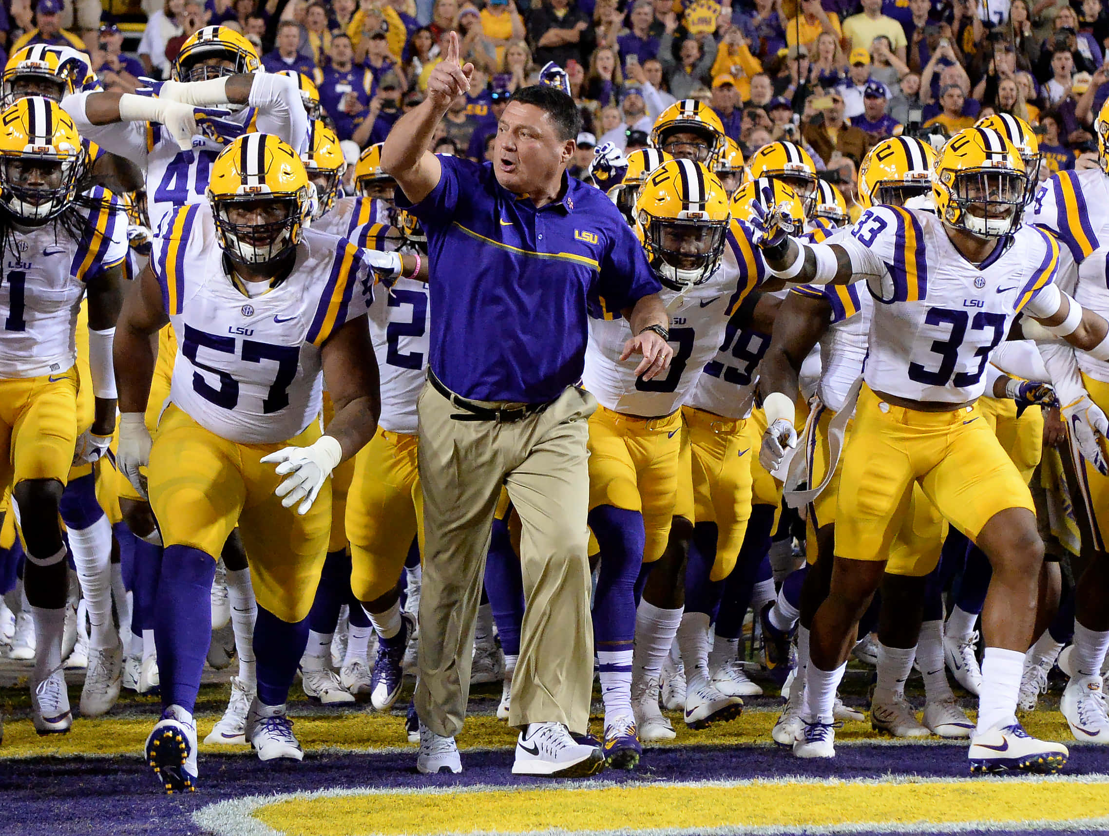 LSU Football, purple and gold uniforms, coach, Full HD Desktop Wallpaper