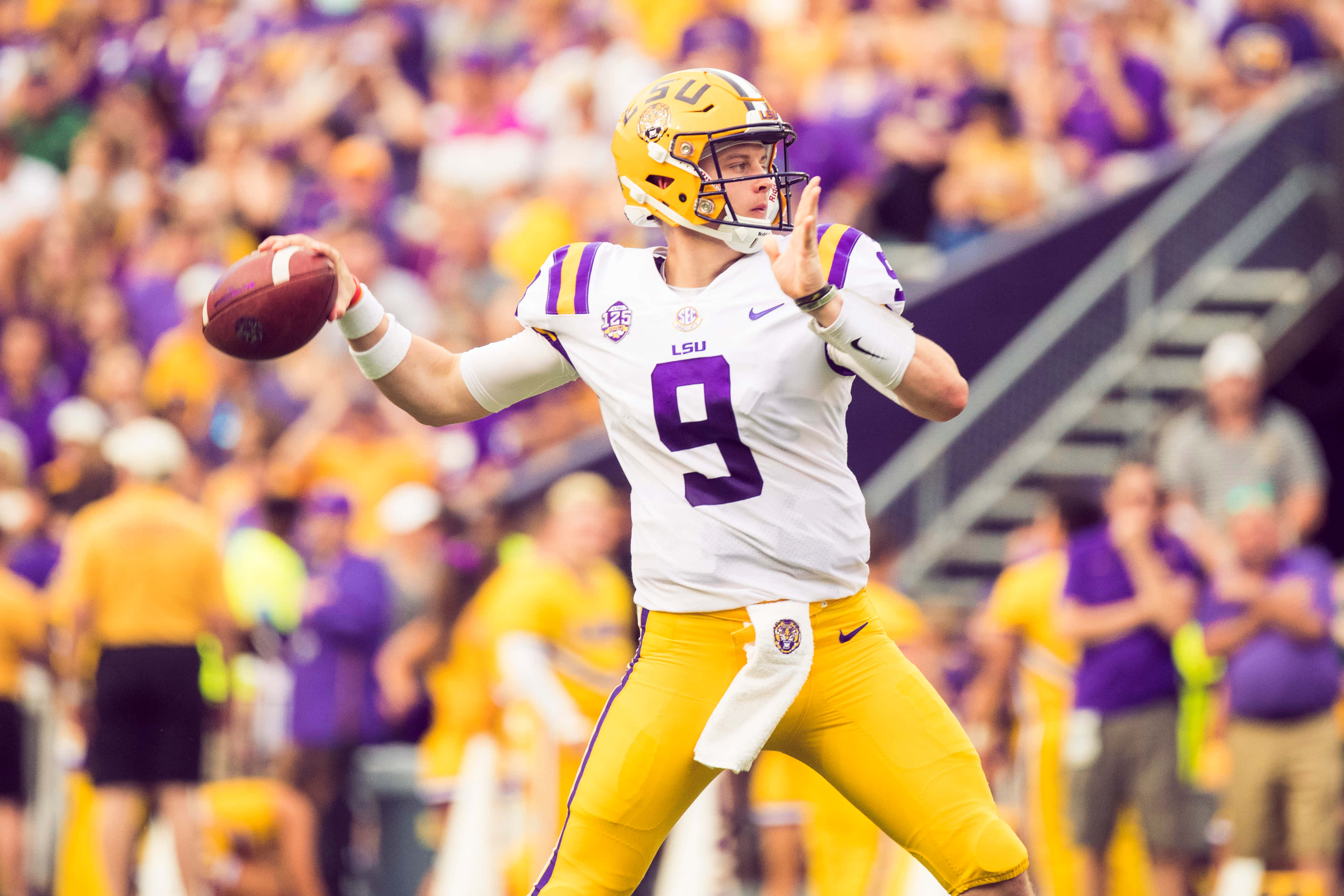 LSU Football, quarterback, white and gold uniform, 4K Desktop Wallpaper