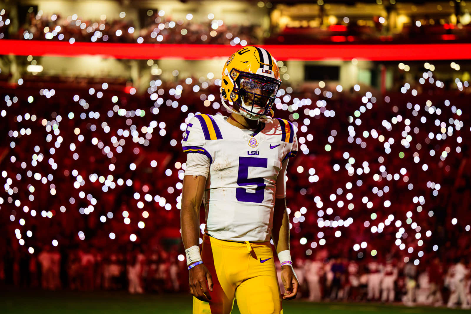 LSU Football, stadium lights, white and gold uniform, HD Desktop Wallpaper