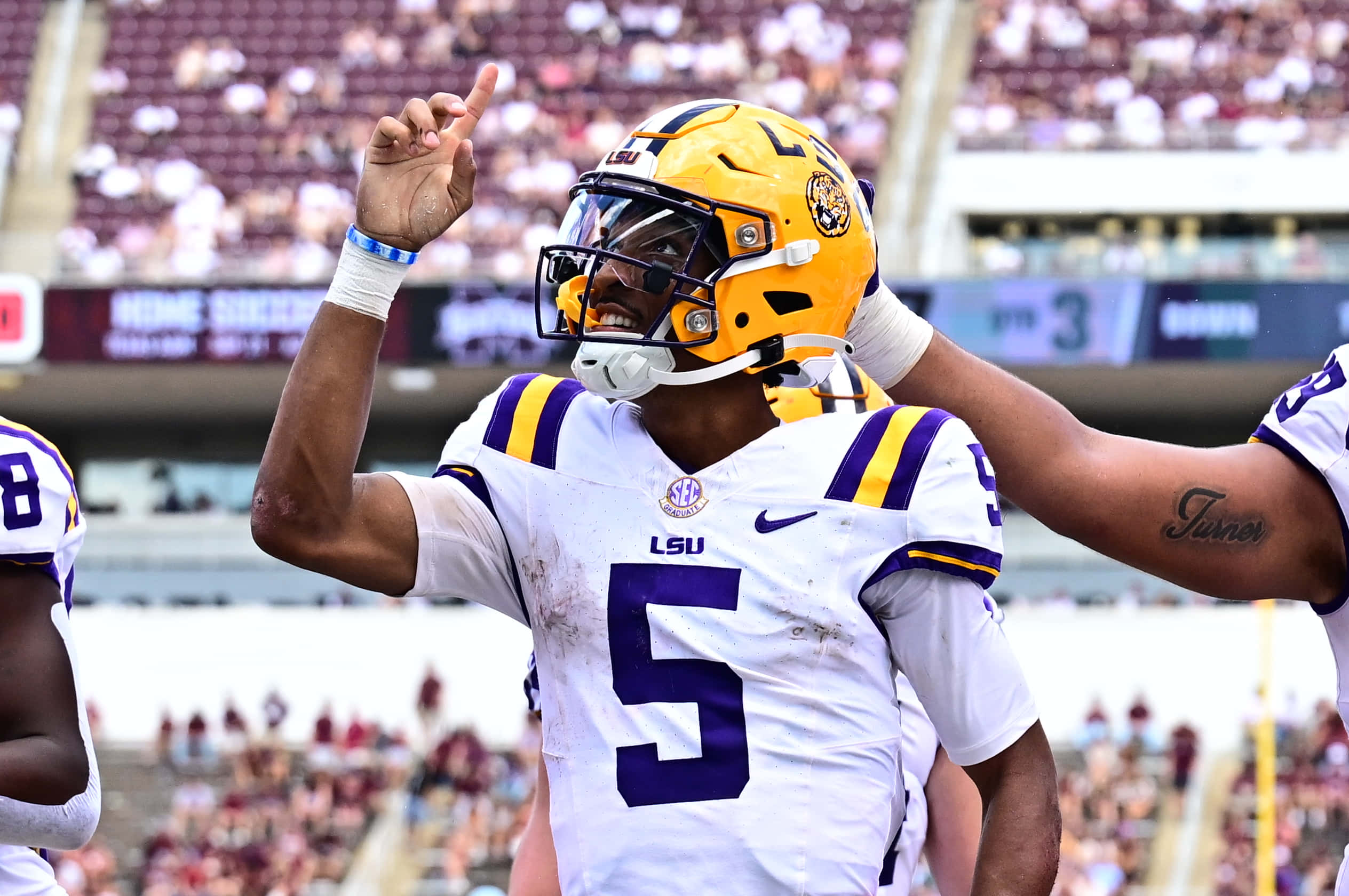LSU Football, number 5, white and purple uniform, Full HD Desktop Wallpaper