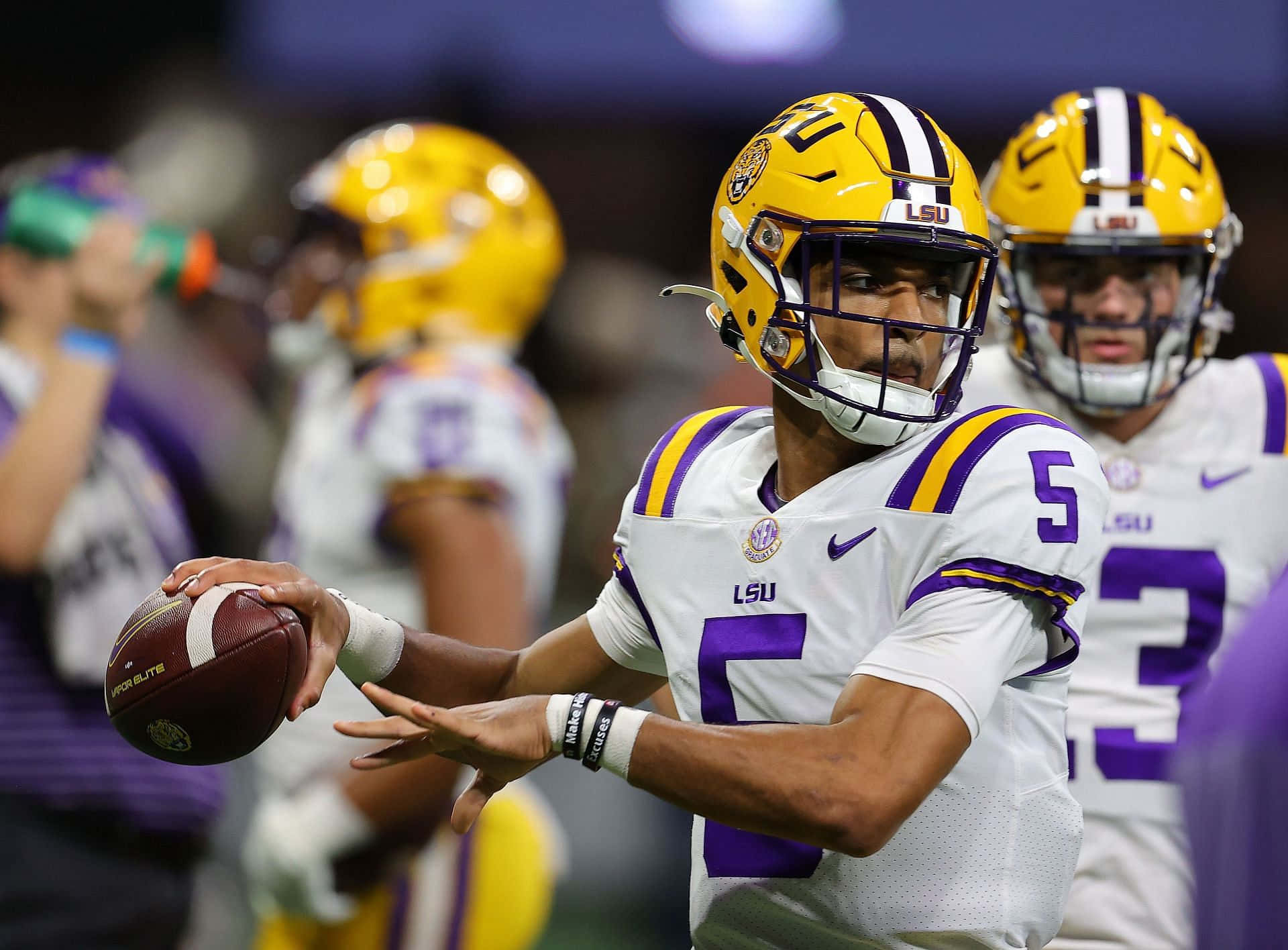 LSU football, quarterback, white and purple uniform, Full HD Desktop Wallpaper