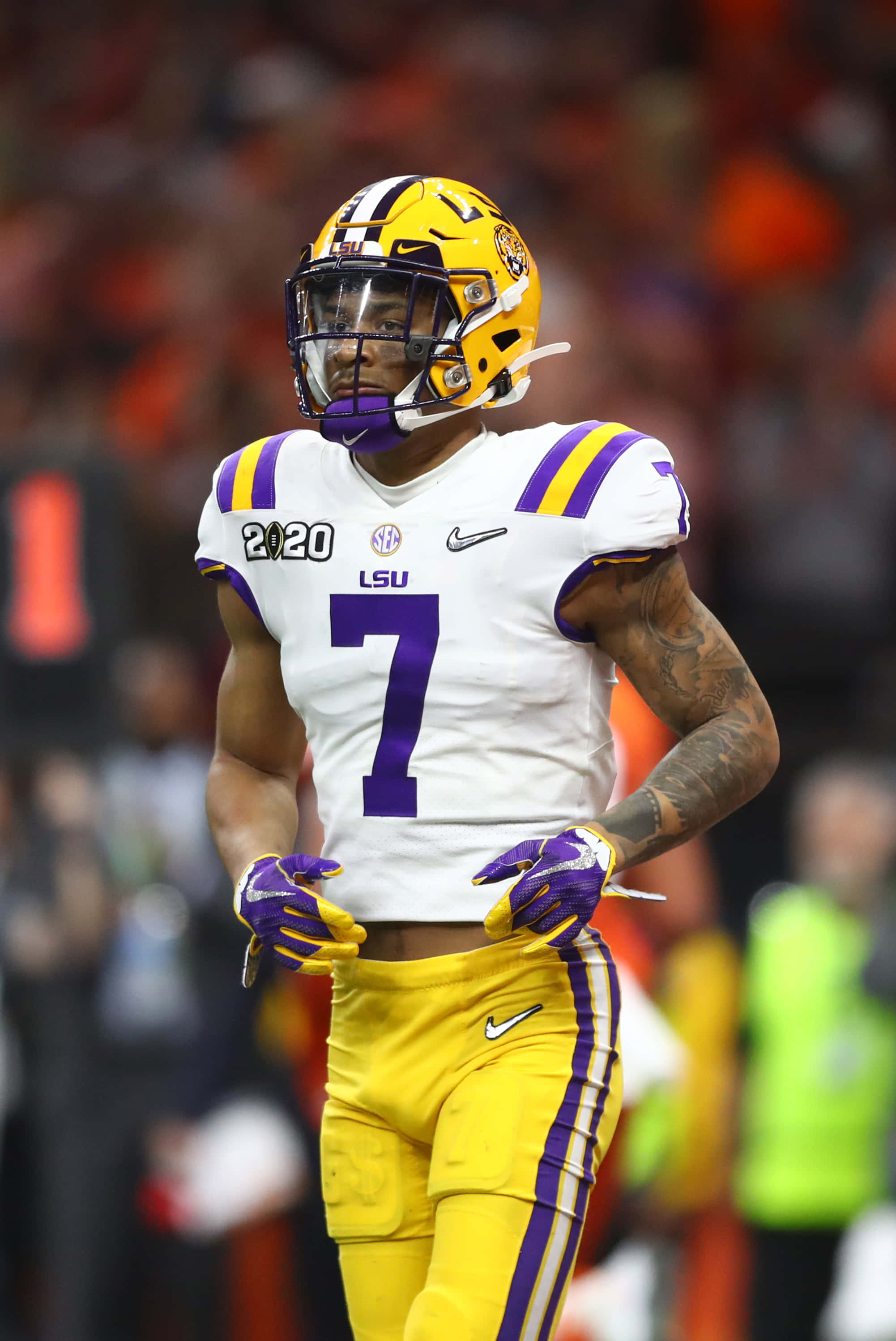 LSU Football, player number 7, white and gold uniform, 2K Phone Wallpaper