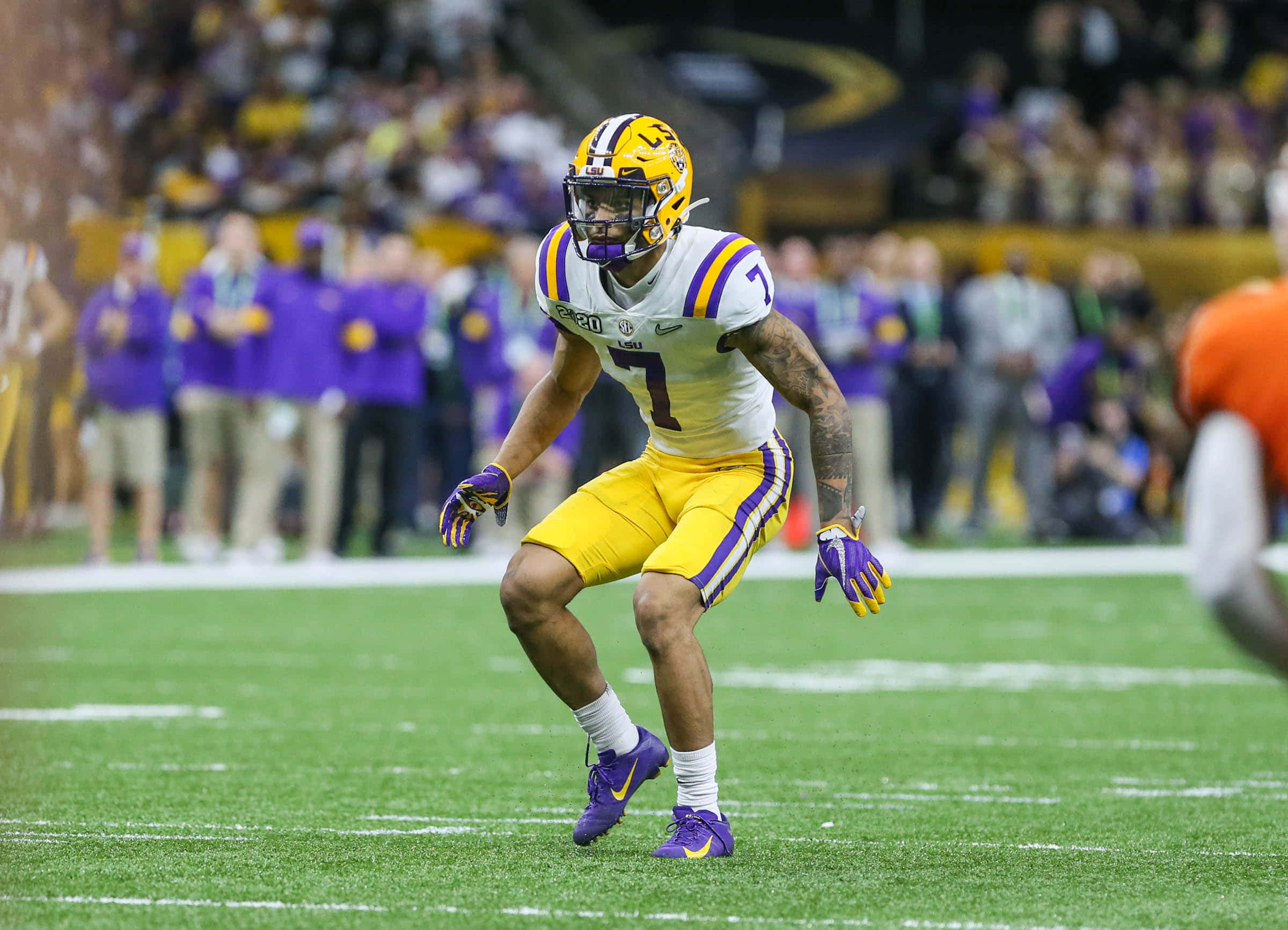 LSU Football, white and gold uniform, number 7, Full HD Desktop Wallpaper