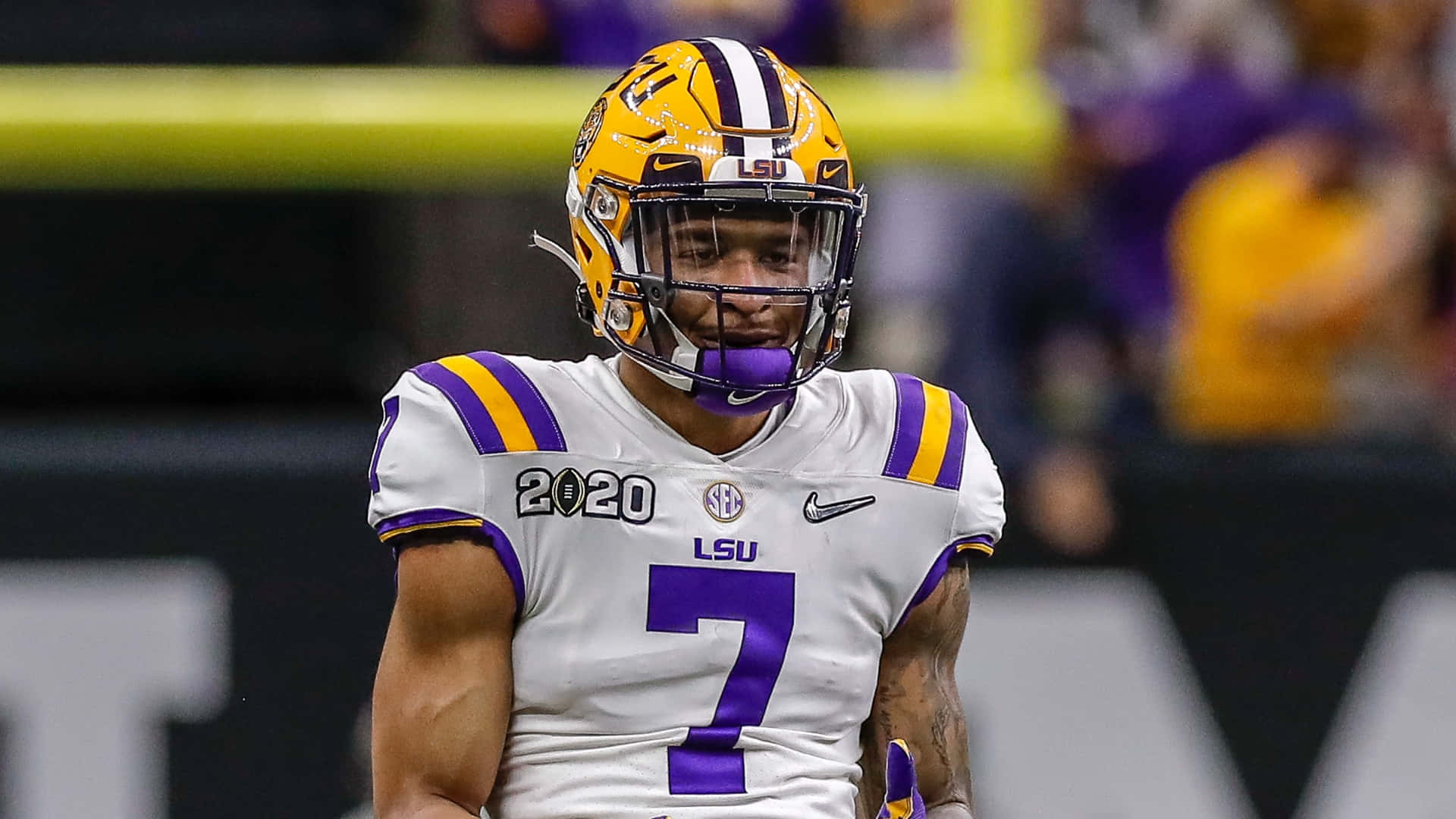 LSU Football, number 7, white purple and gold uniform, Full HD Desktop Wallpaper