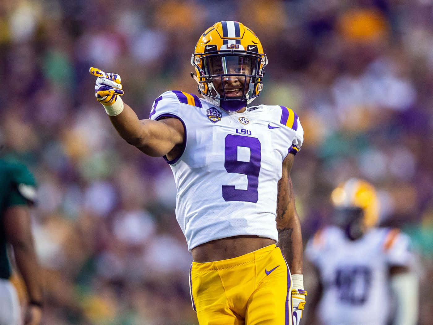 LSU Football, player number 9, white purple and gold uniform, HD Desktop Wallpaper