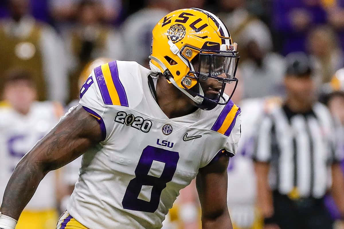 LSU Football, number 8, white and purple uniform, SD Desktop Wallpaper