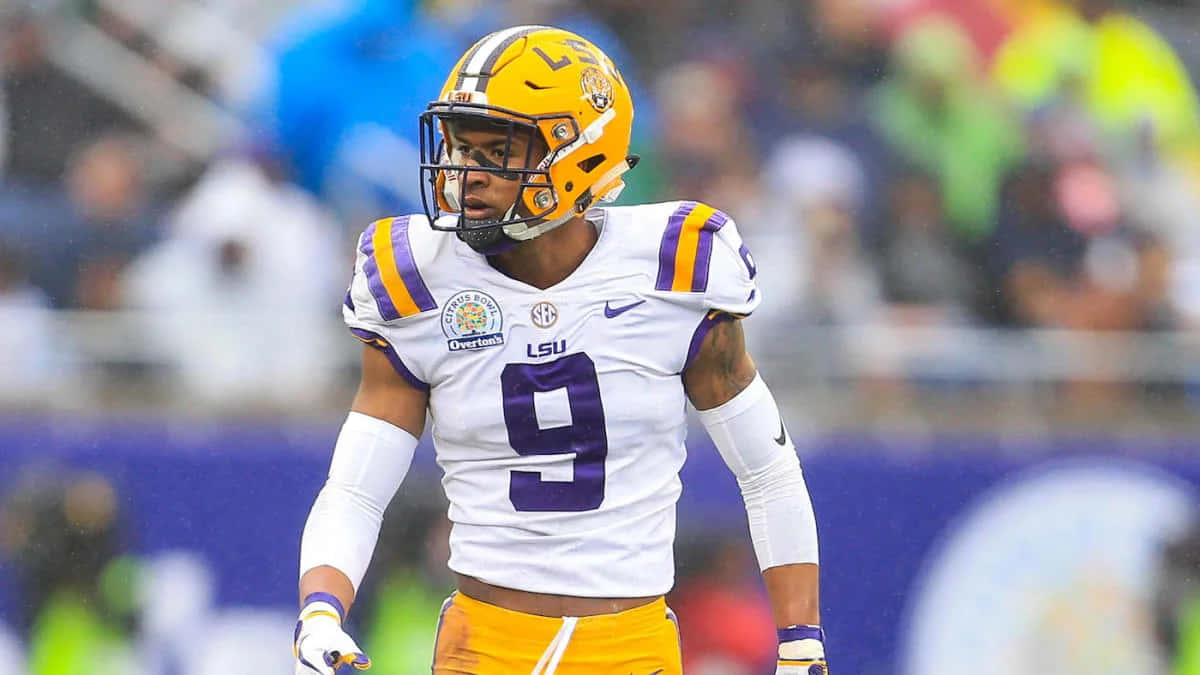 LSU Football, player number 9, white purple and gold uniform, SD Desktop Wallpaper