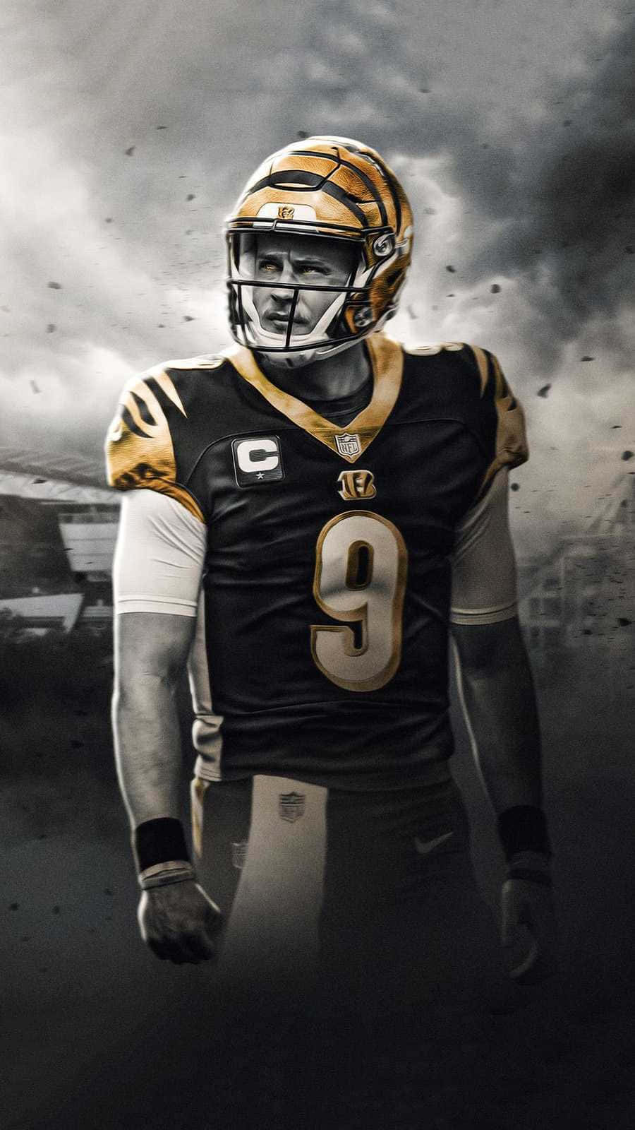 NFL quarterback, black and gold uniform, stormy sky, HD Phone Wallpaper