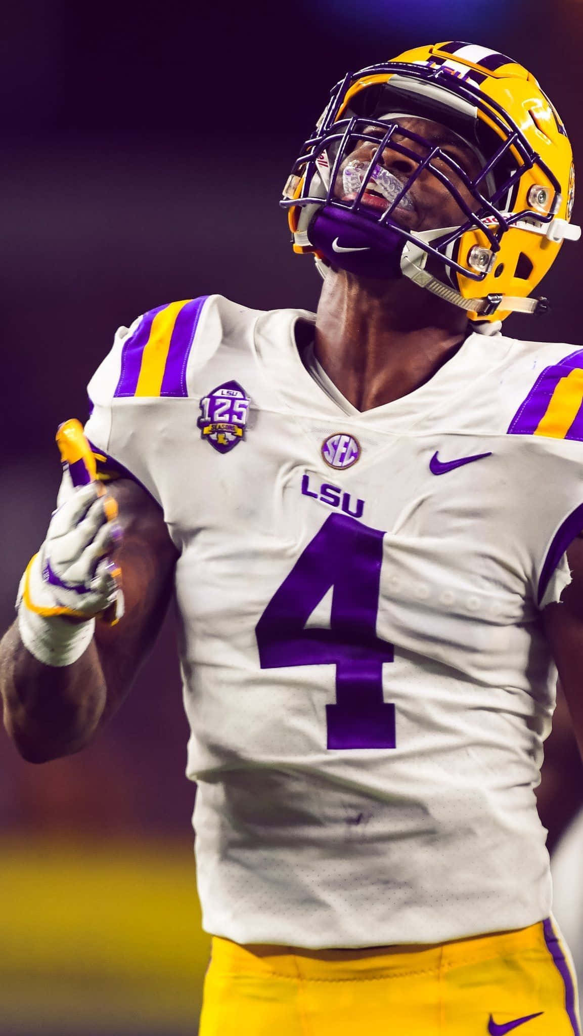 LSU, football player, white and purple gear, Full HD Phone Wallpaper