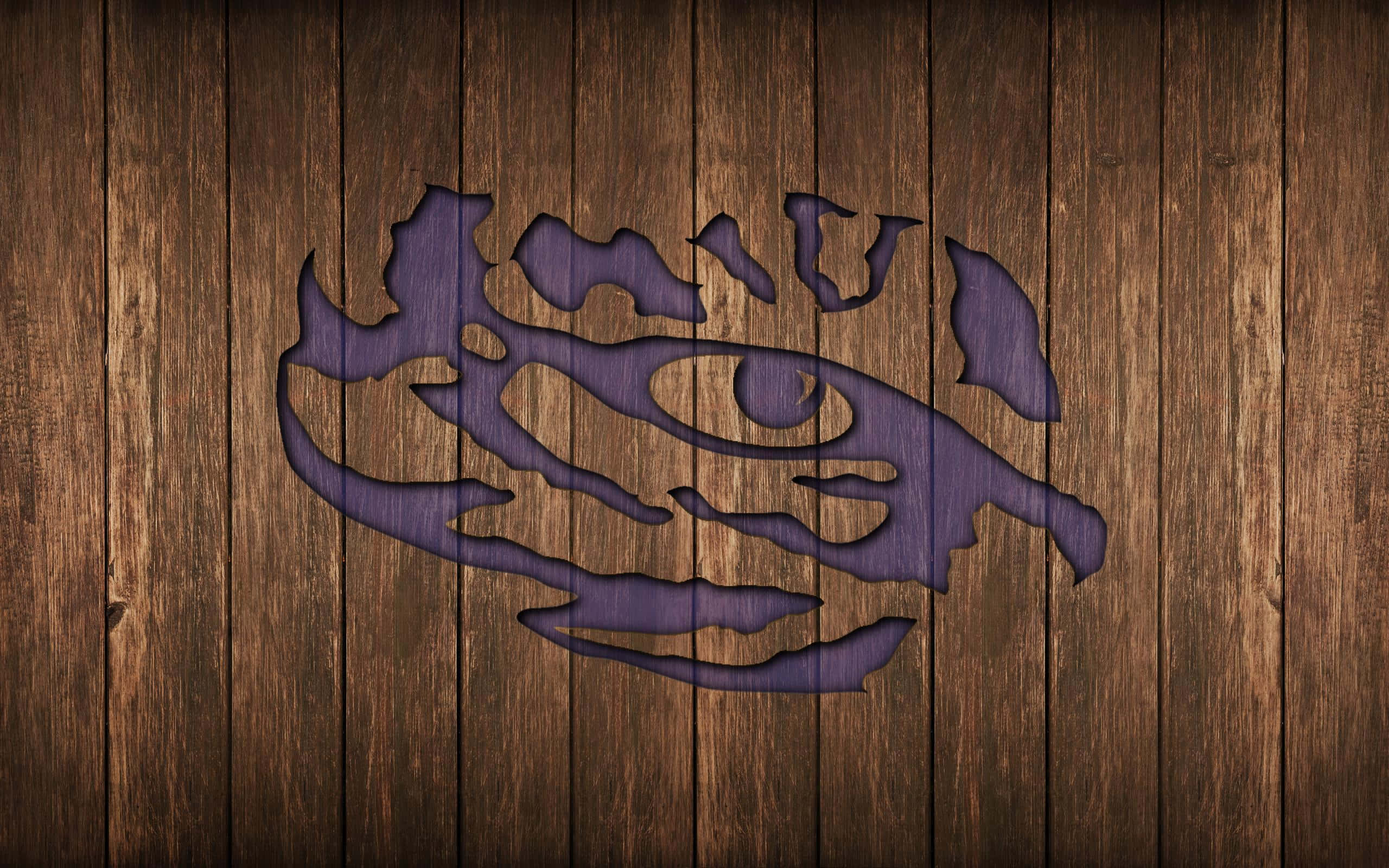 LSU Tigers, purple tiger head logo, dark wooden planks, 2K Desktop Wallpaper