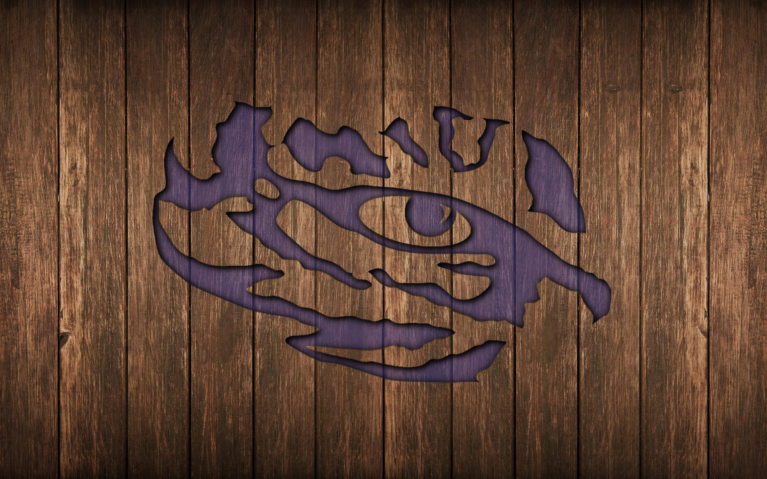LSU, purple tiger head logo, dark wooden planks, 2K Desktop Wallpaper