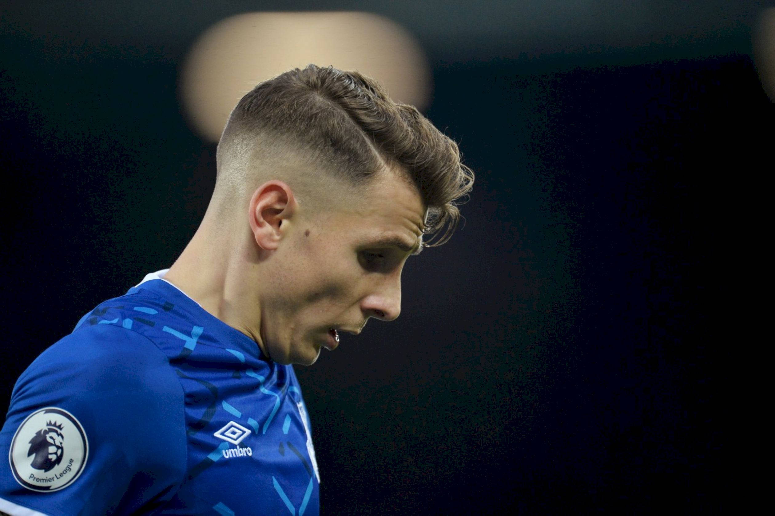 Lucas Digne, blue jersey, focused expression, Full HD Desktop Wallpaper