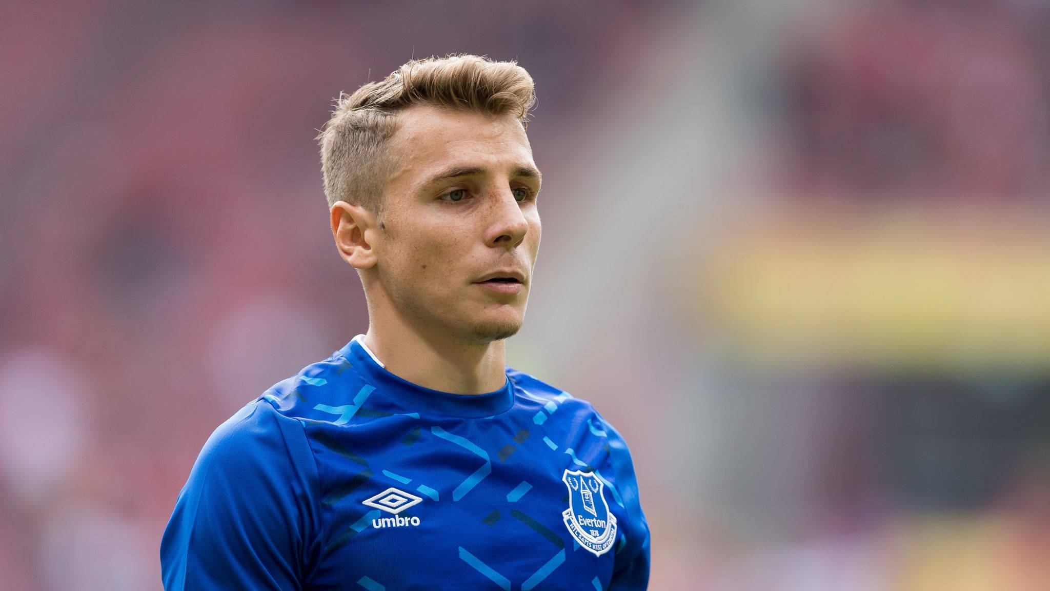 Lucas Digne, blue Everton jersey, sunlit pitch, Full HD Desktop Wallpaper