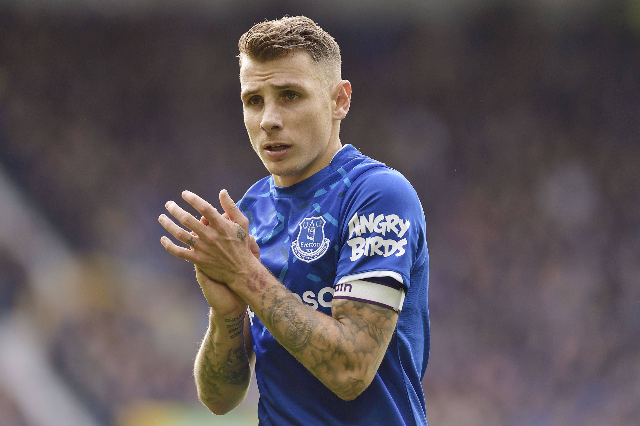 Lucas Digne, blue Everton jersey, tattoos on arms, Full HD Desktop Wallpaper