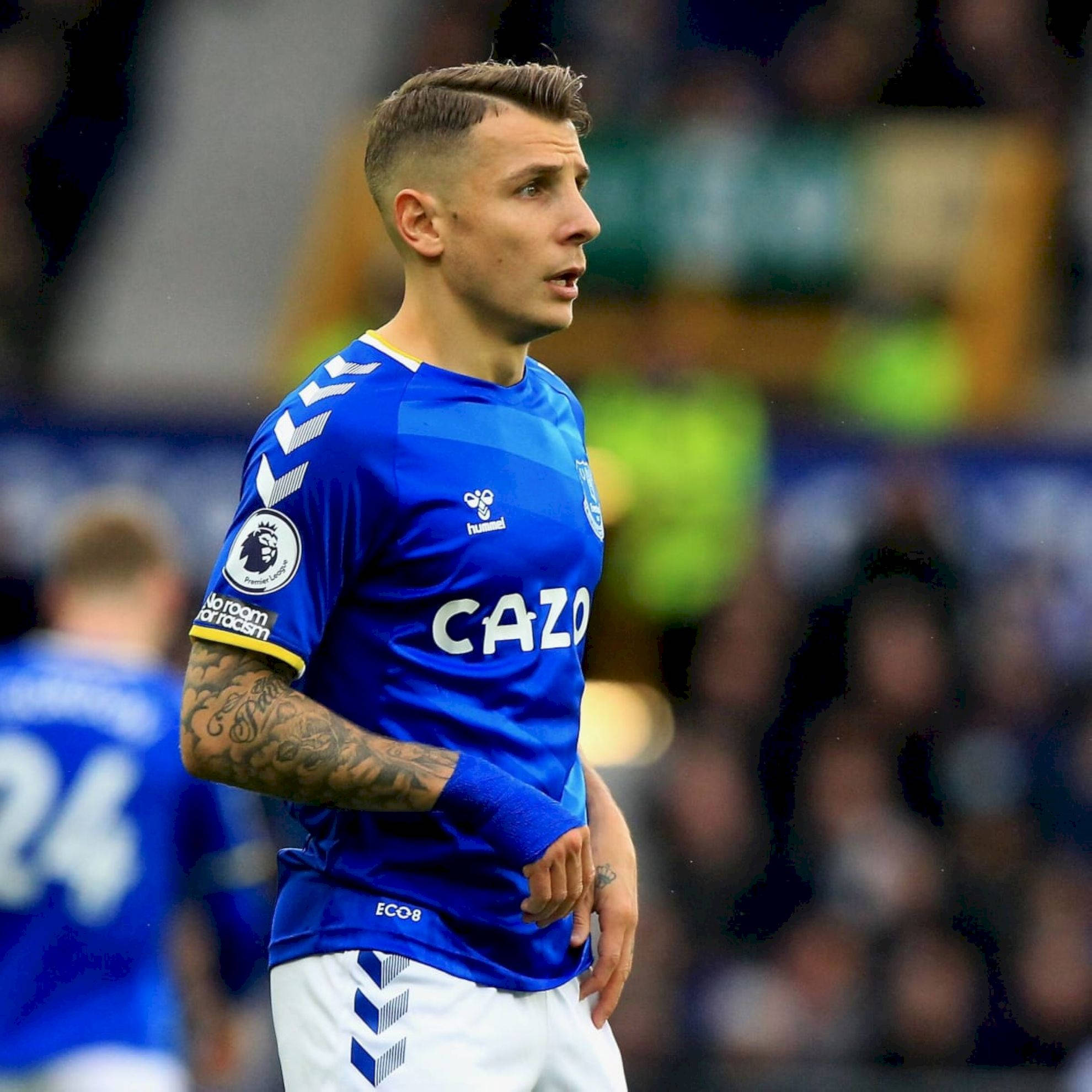 Lucas Digne, blue Everton jersey, tattoos on his arm, Full HD Desktop Wallpaper