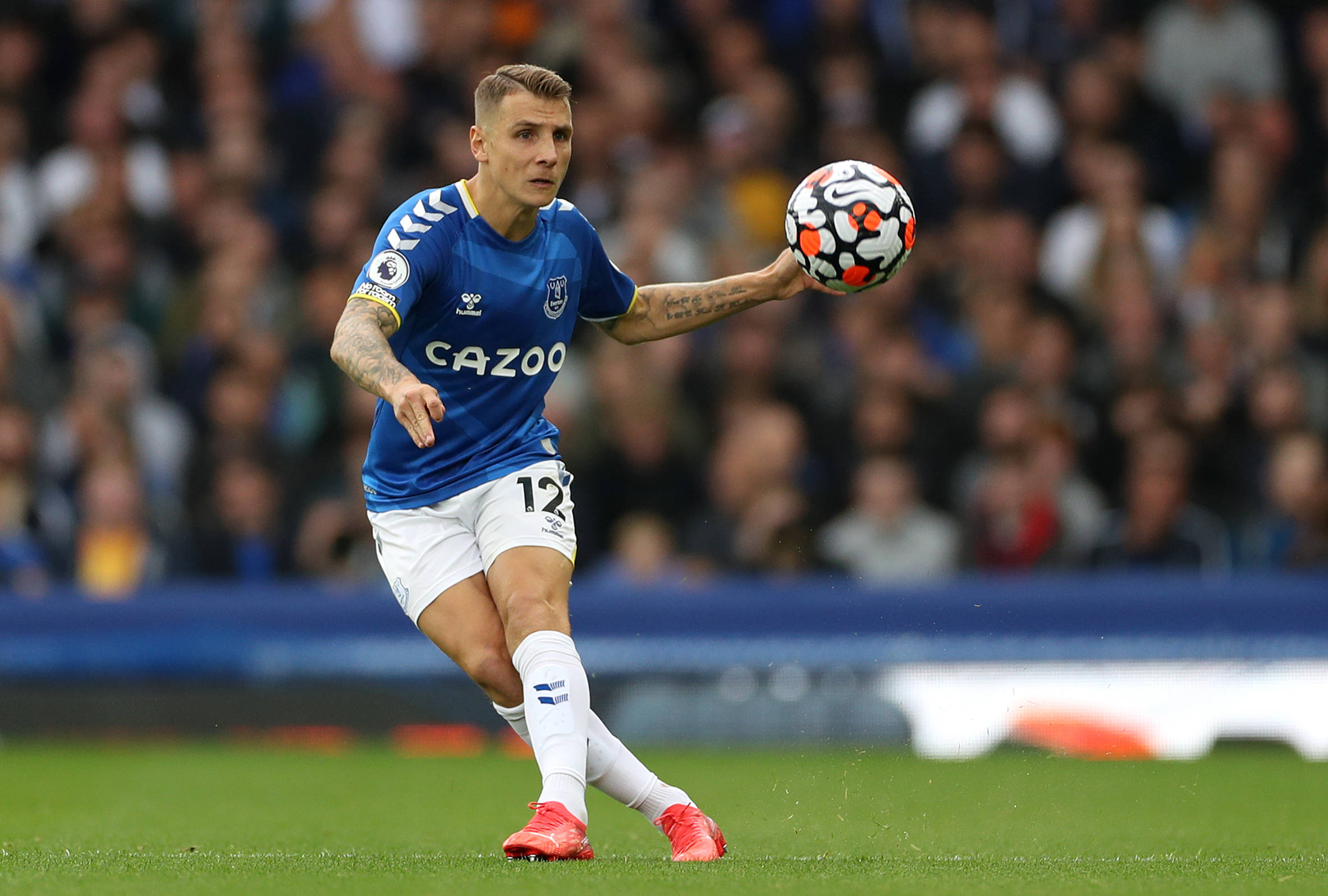 Lucas Digne, blue jersey, patterned ball, Full HD Desktop Wallpaper