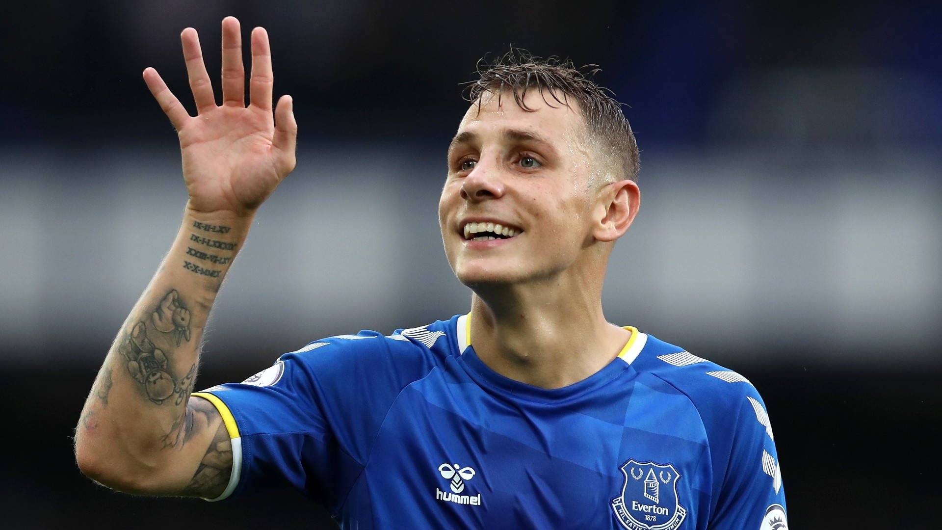Lucas Digne, blue Everton jersey, tattooed arms, Full HD Desktop Wallpaper