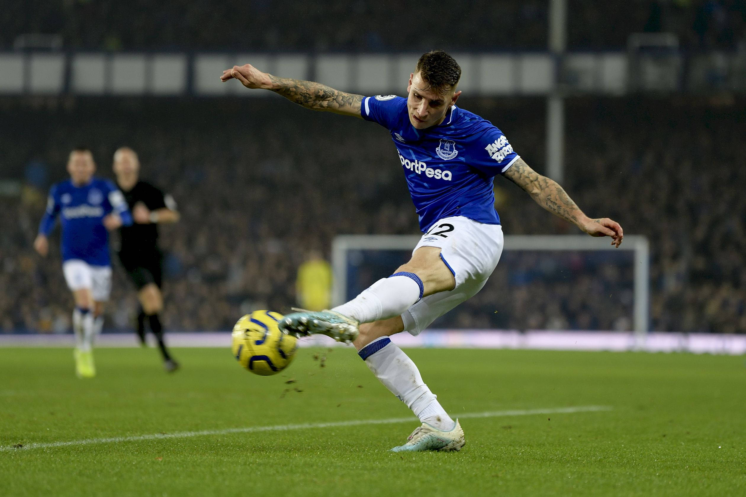 Lucas Digne, blue jersey, yellow ball, Full HD Desktop Wallpaper