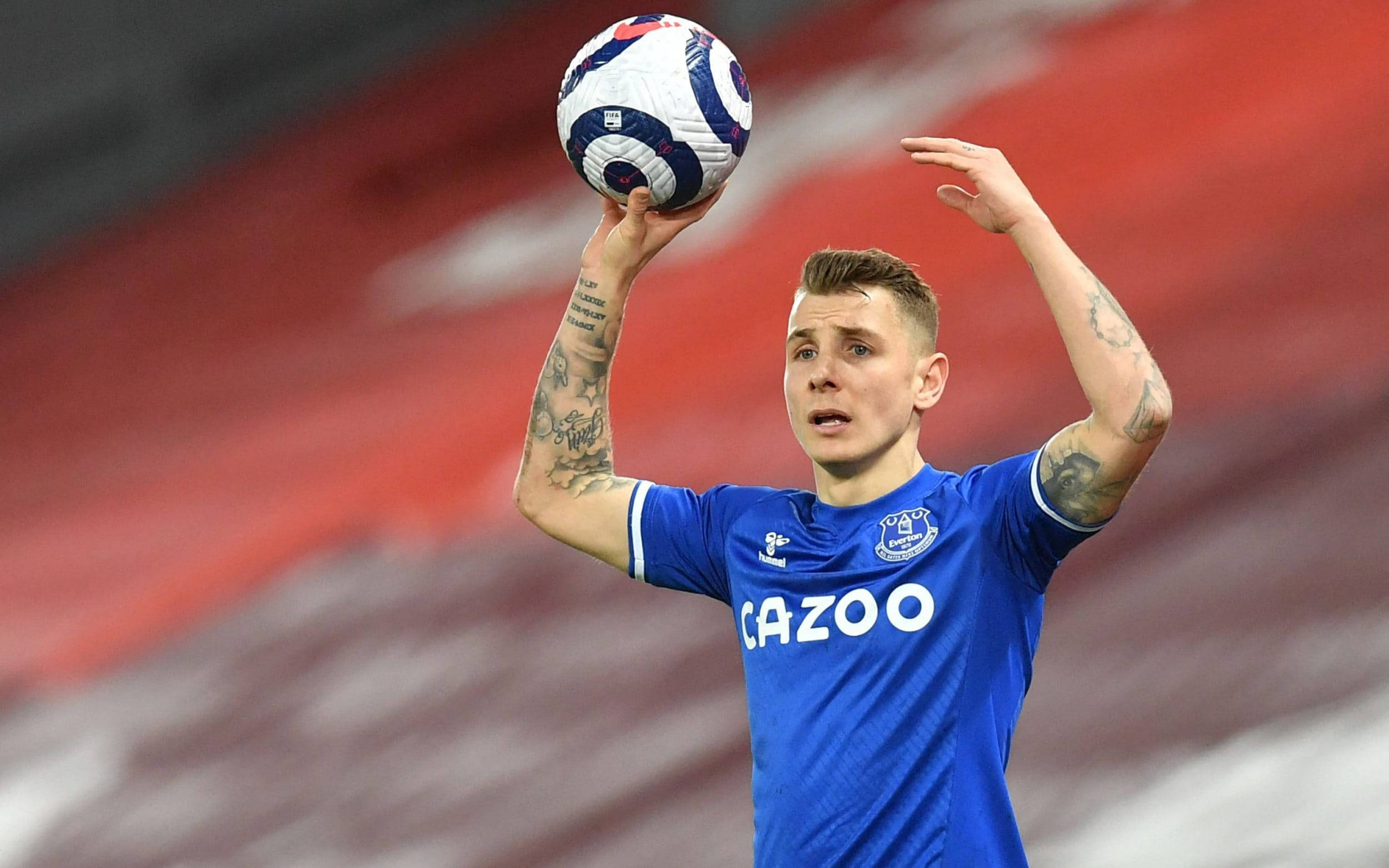 Lucas Digne, blue Everton jersey, soccer ball, Full HD Desktop Wallpaper