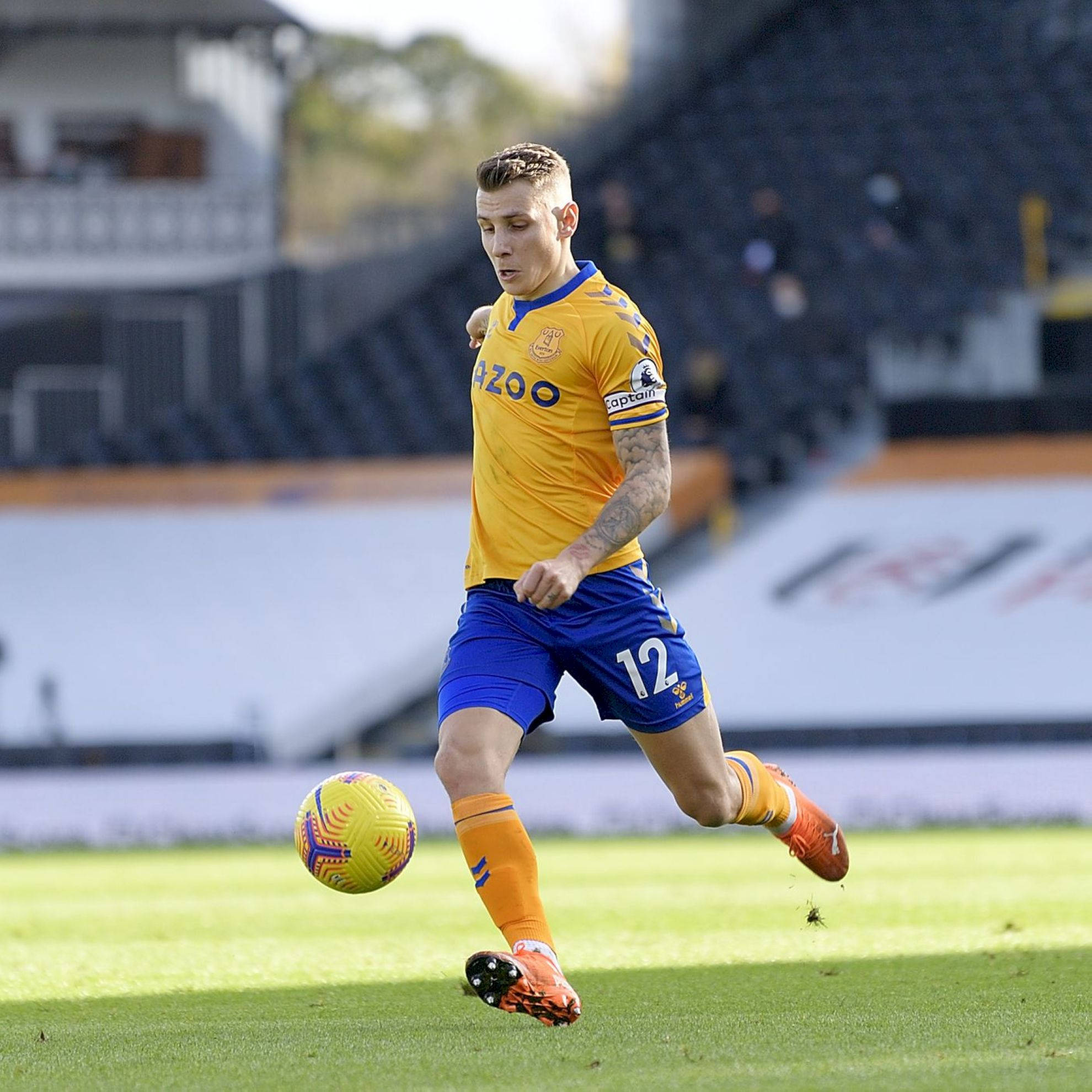 Lucas Digne, yellow jersey, blue shorts, Full HD Desktop Wallpaper