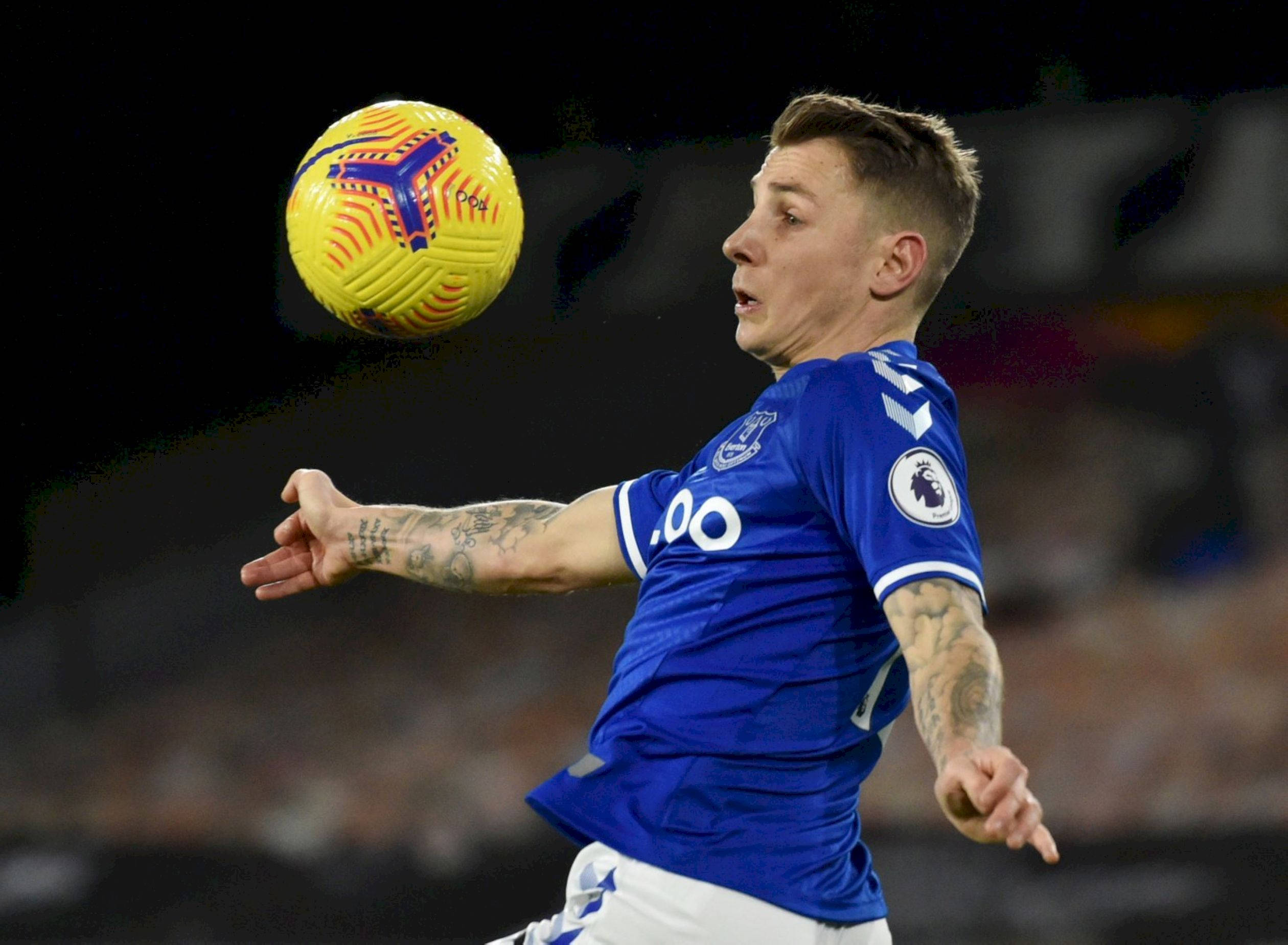 Lucas Digne, blue jersey, vibrant yellow and purple ball, Full HD Desktop Wallpaper
