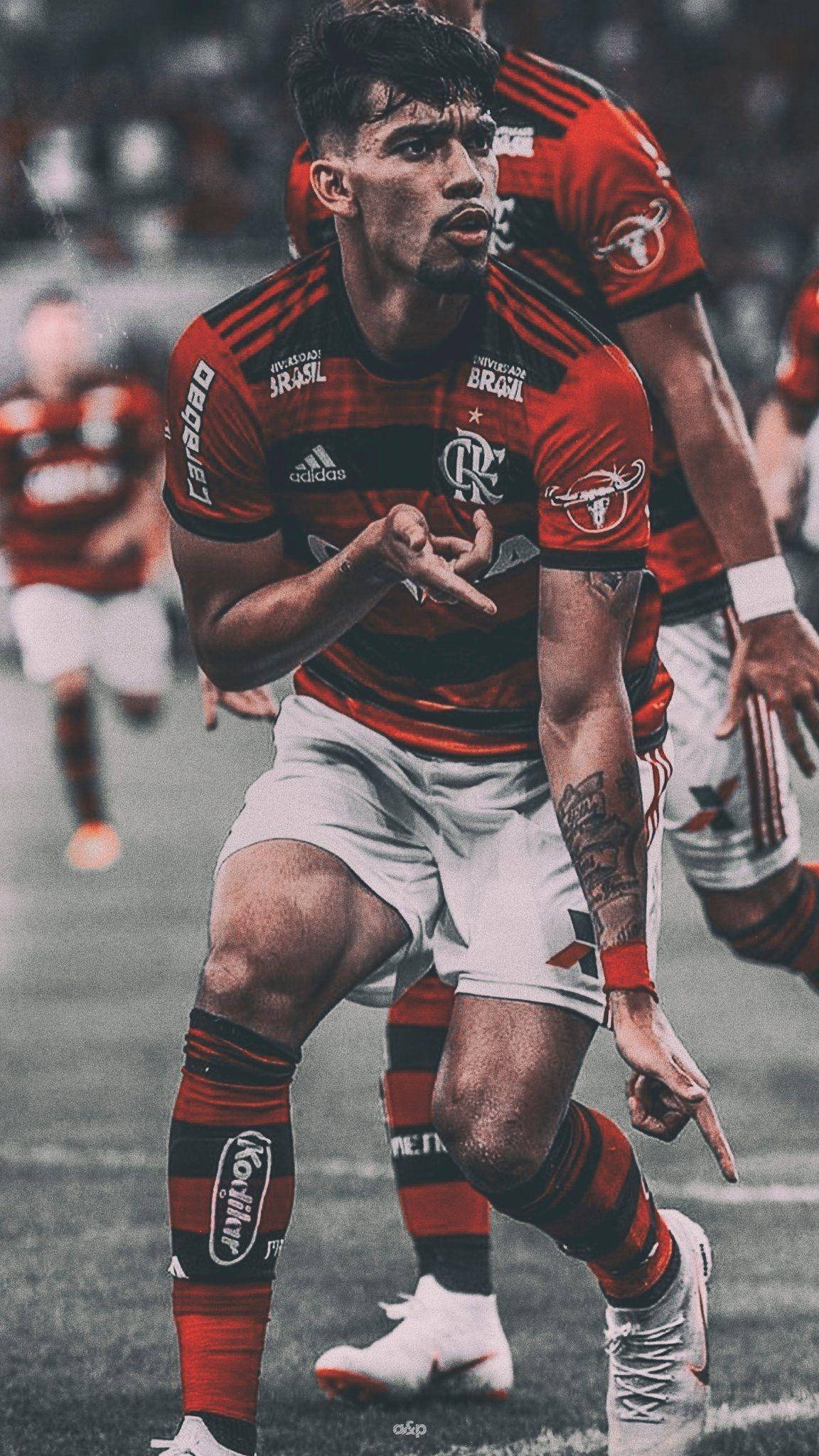 Lucas Paquetá, red and black striped jersey, stadium field, Full HD Phone Wallpaper