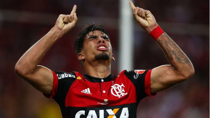 Lucas Paquetá, red and black jersey, index fingers pointing upward, SD Desktop Wallpaper