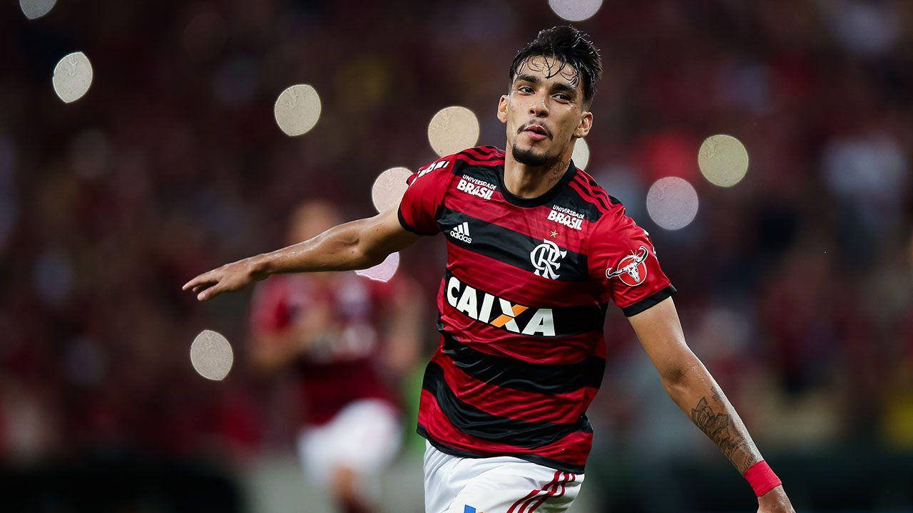 Lucas Paquetá, red and black striped jersey, stadium lights, HD Desktop Wallpaper