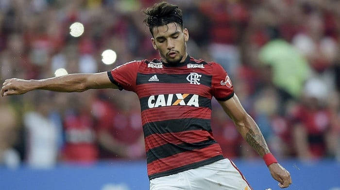 Lucas Paquetá, red and black striped jersey, stadium lights, SD Desktop Wallpaper