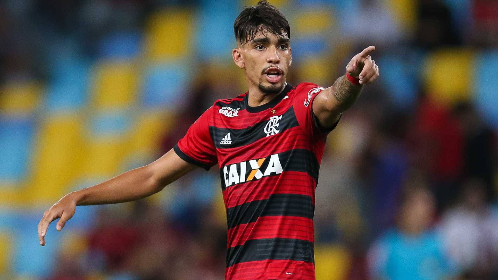 Lucas Paquetá, red and black striped jersey, stadium lights, Full HD Desktop Wallpaper