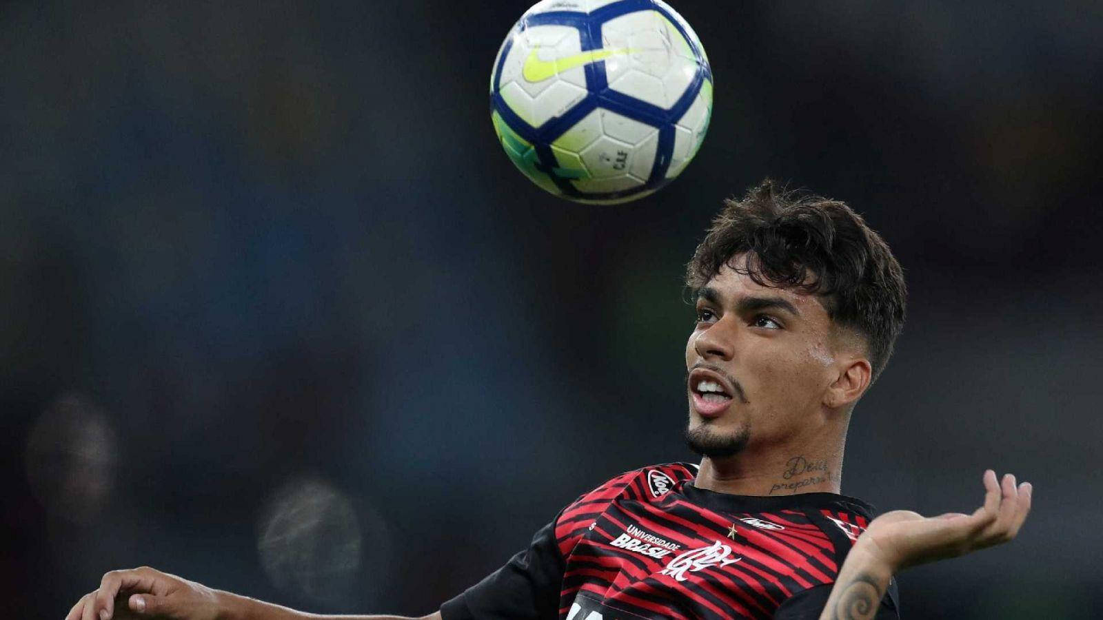 Lucas Paquetá, red and black striped jersey, blue green and white soccer ball, HD Desktop Wallpaper