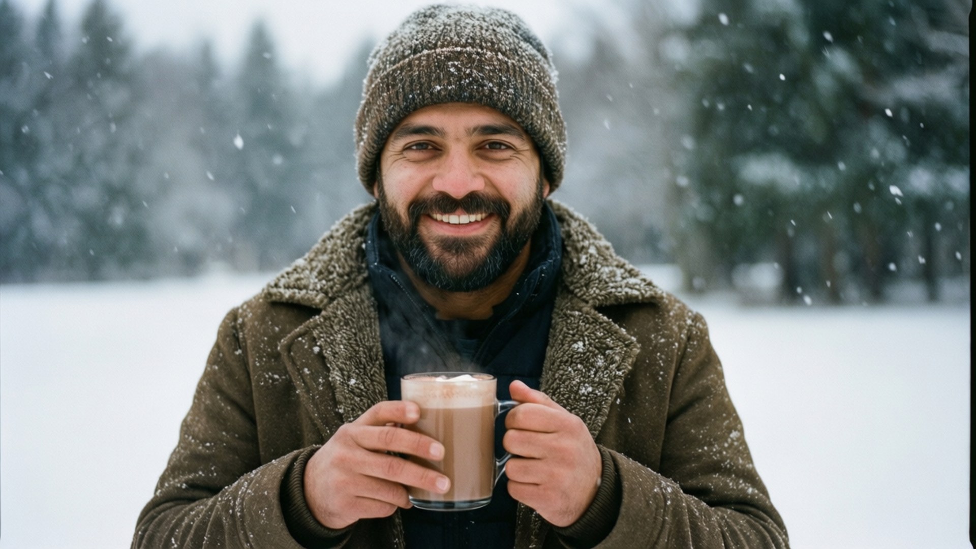 Luccas Neto, knit hat, steaming mug of hot chocolate, Full HD Desktop Wallpaper