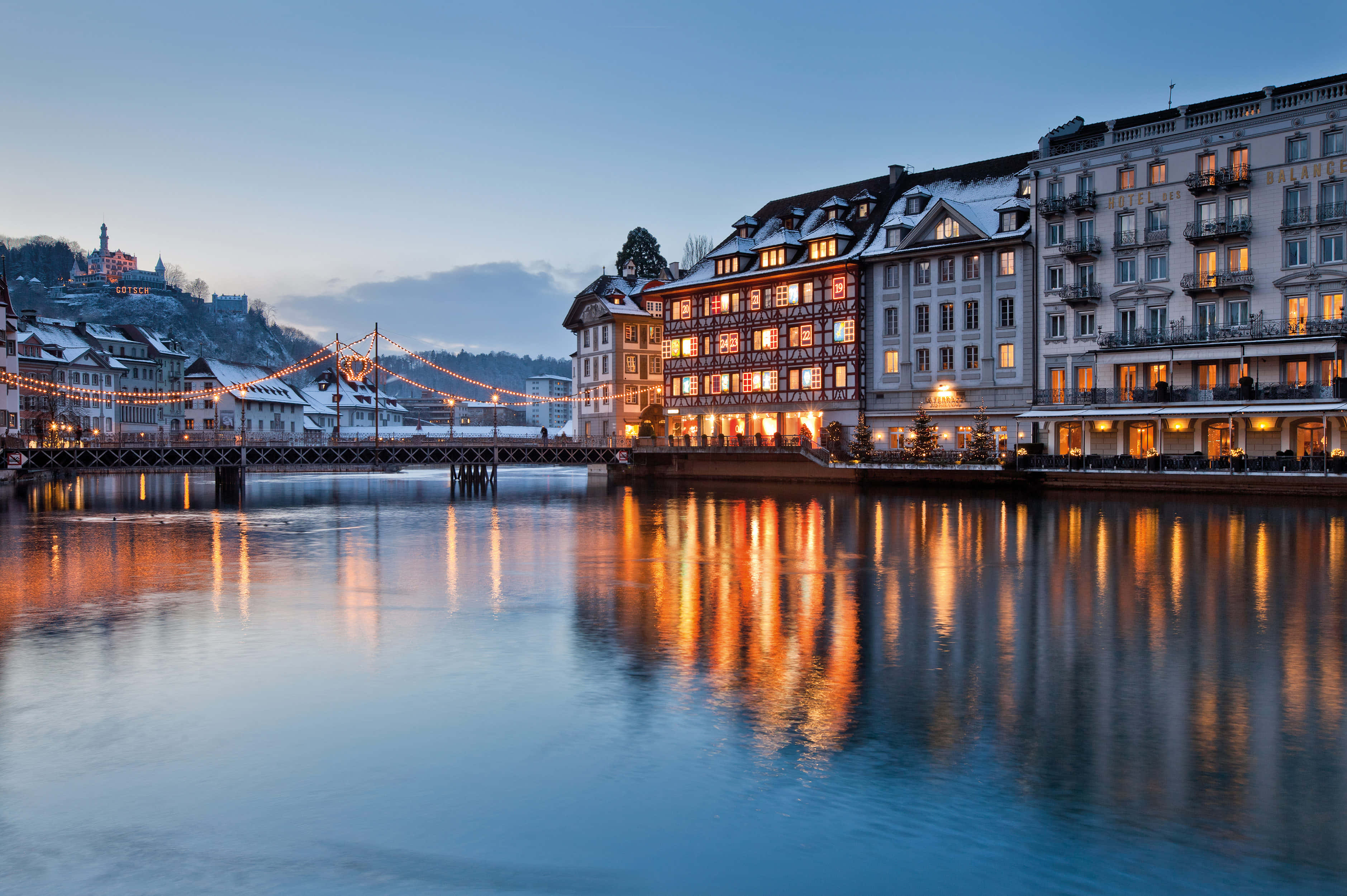 Lucerne, waterfront, twilight, 2K Desktop Wallpaper