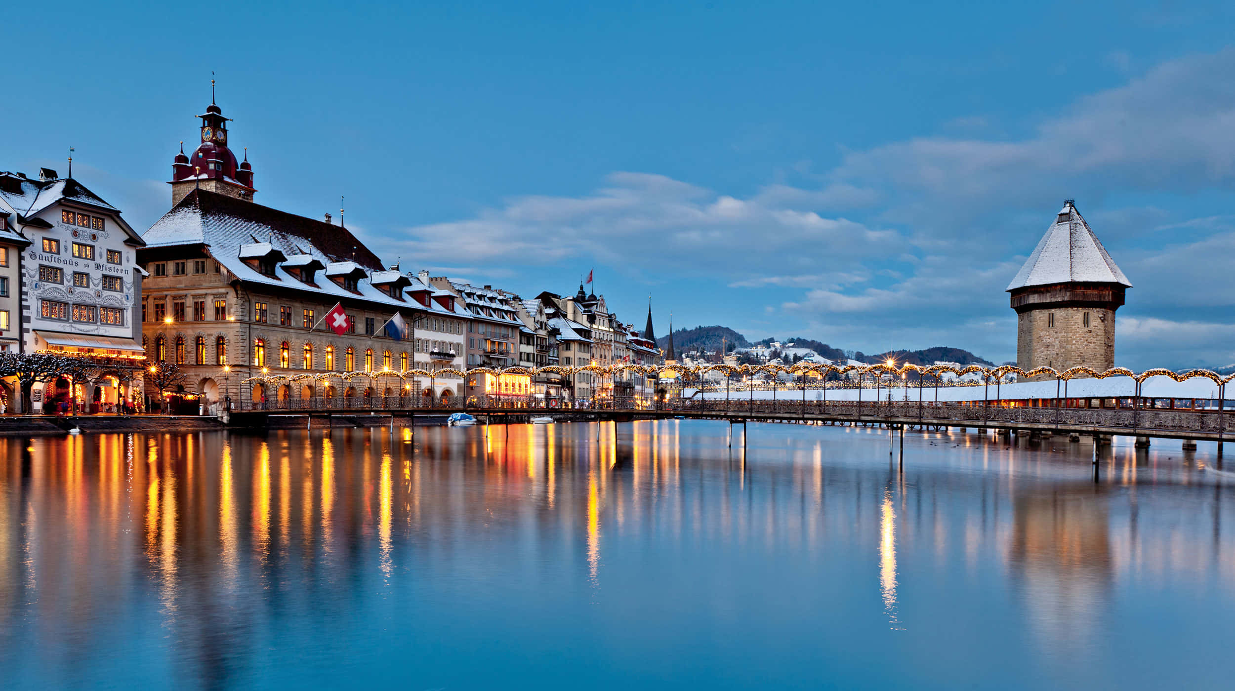 Lucerne, waterfront, twilight, Full HD Desktop Wallpaper