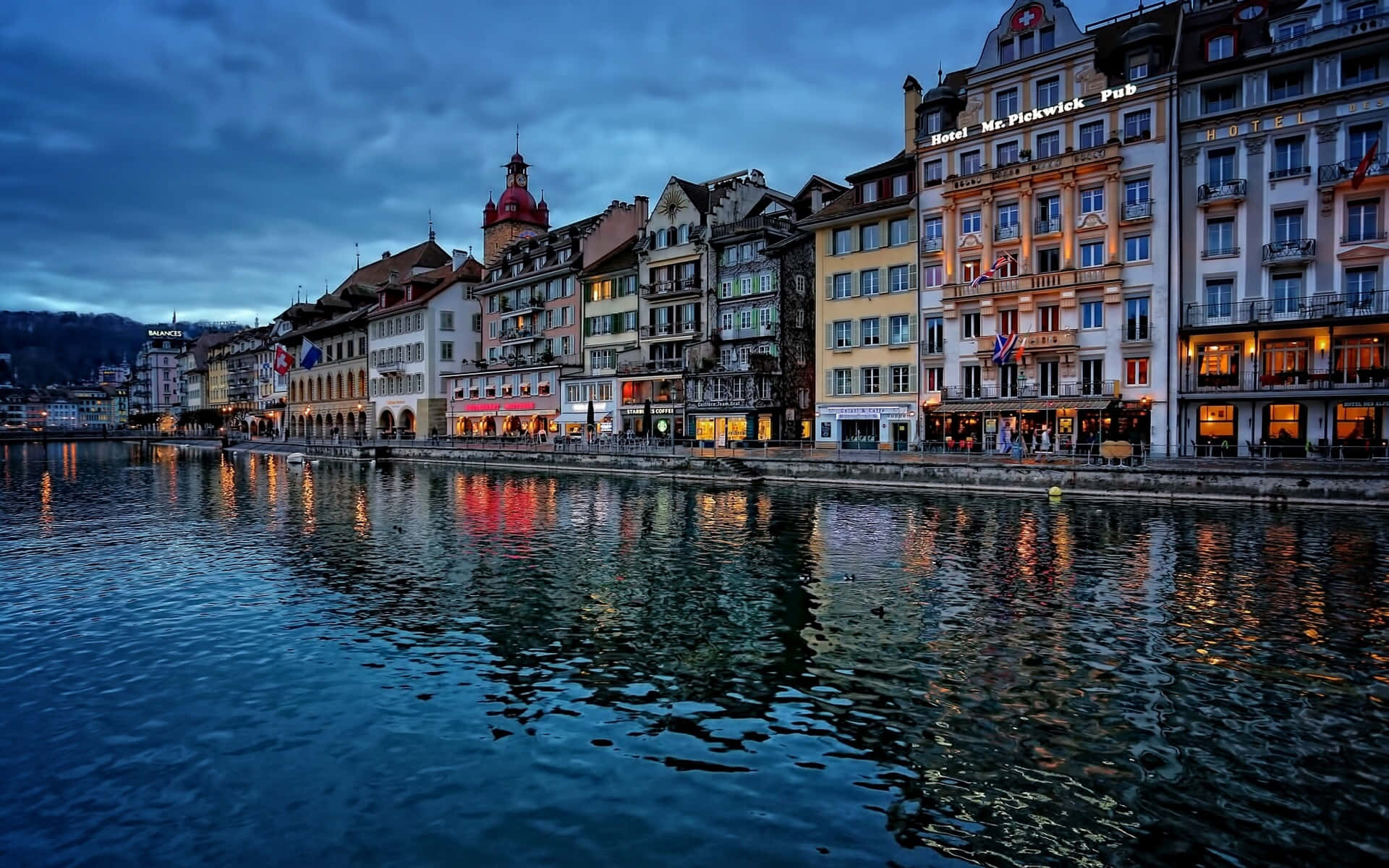 Lucerne, waterfront, dusk, Full HD Desktop Wallpaper