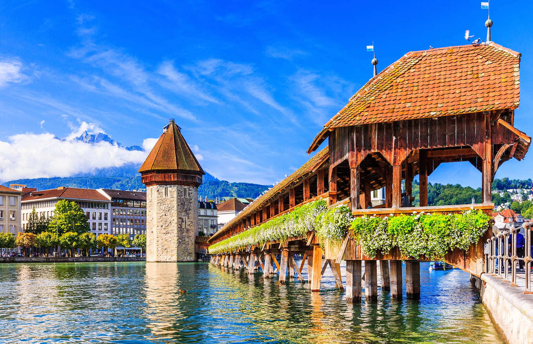 Lucerne, wooden covered bridge, calm river, HD Desktop Wallpaper