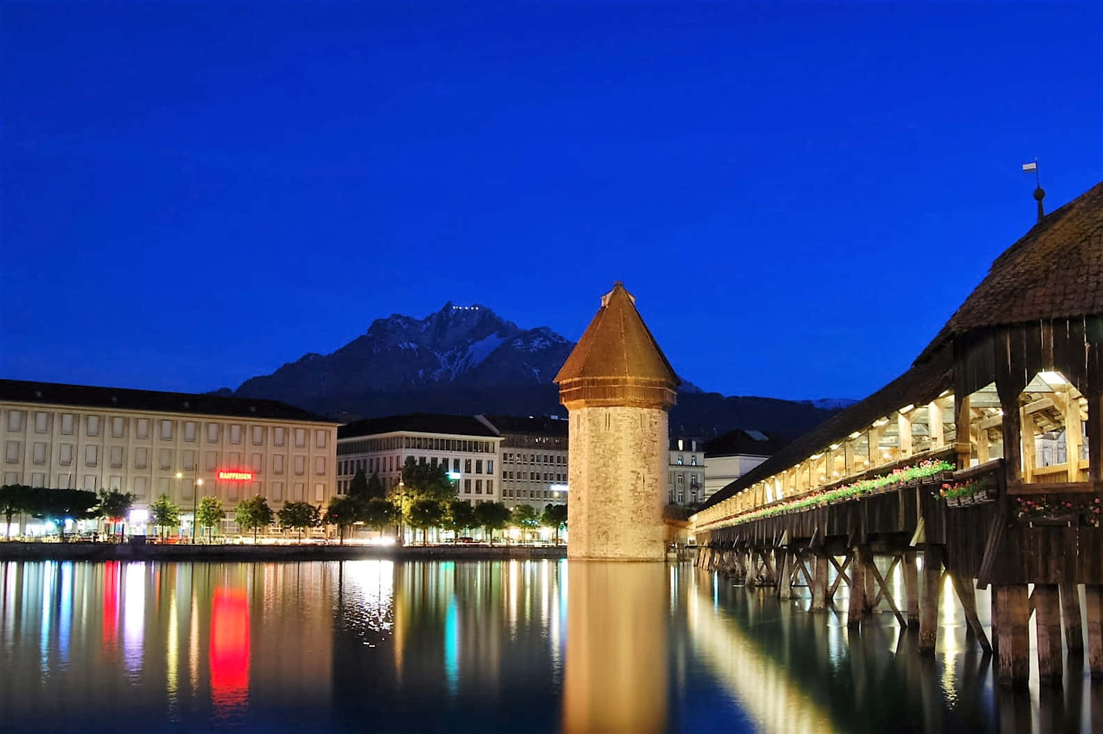 Lucerne Lake, snow-capped mountains, wooden bridge, HD Desktop Wallpaper