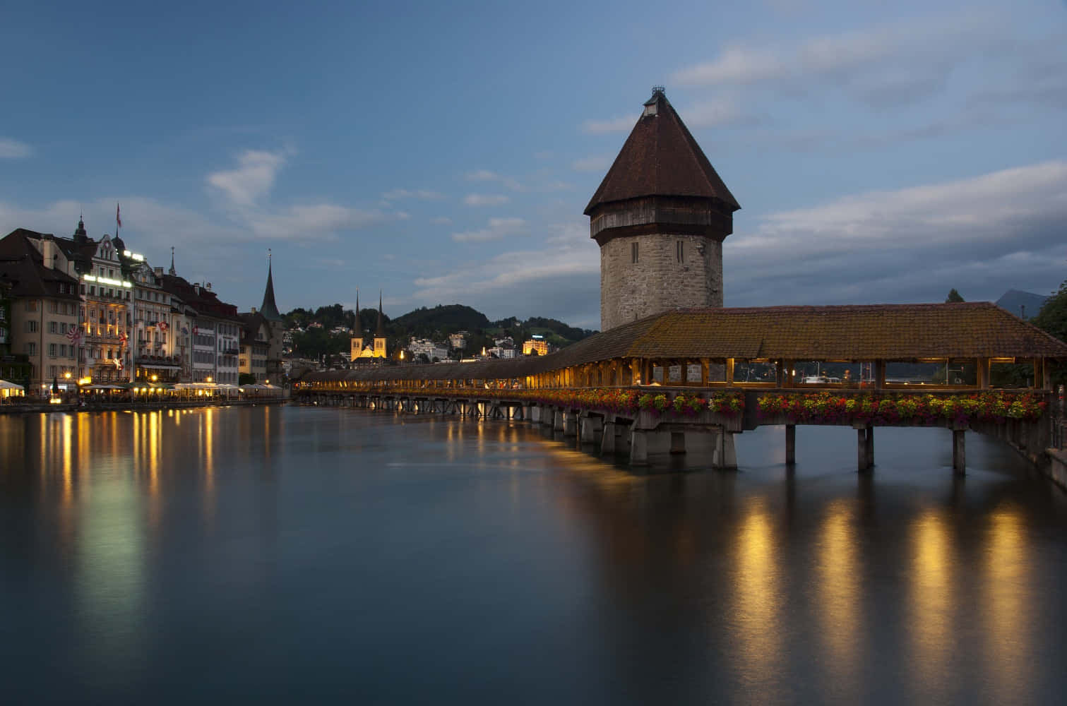 Lucerne Lake, covered wooden bridge, stone tower, HD Desktop Wallpaper