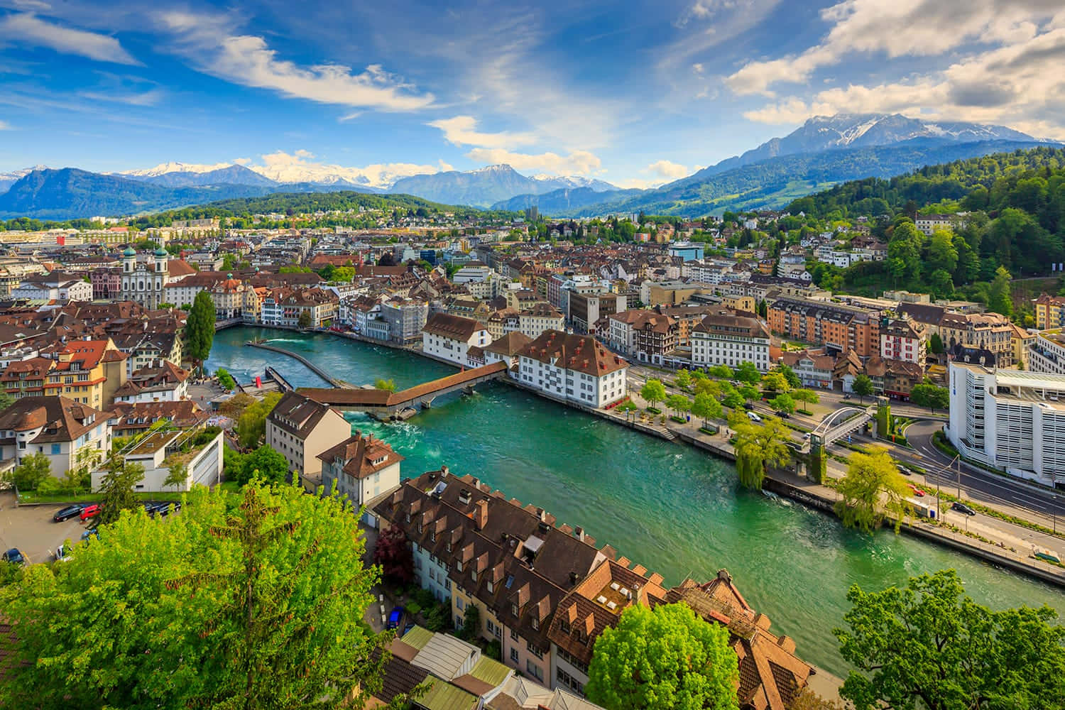 Lucerne, turquoise river, historic buildings, HD Desktop Wallpaper