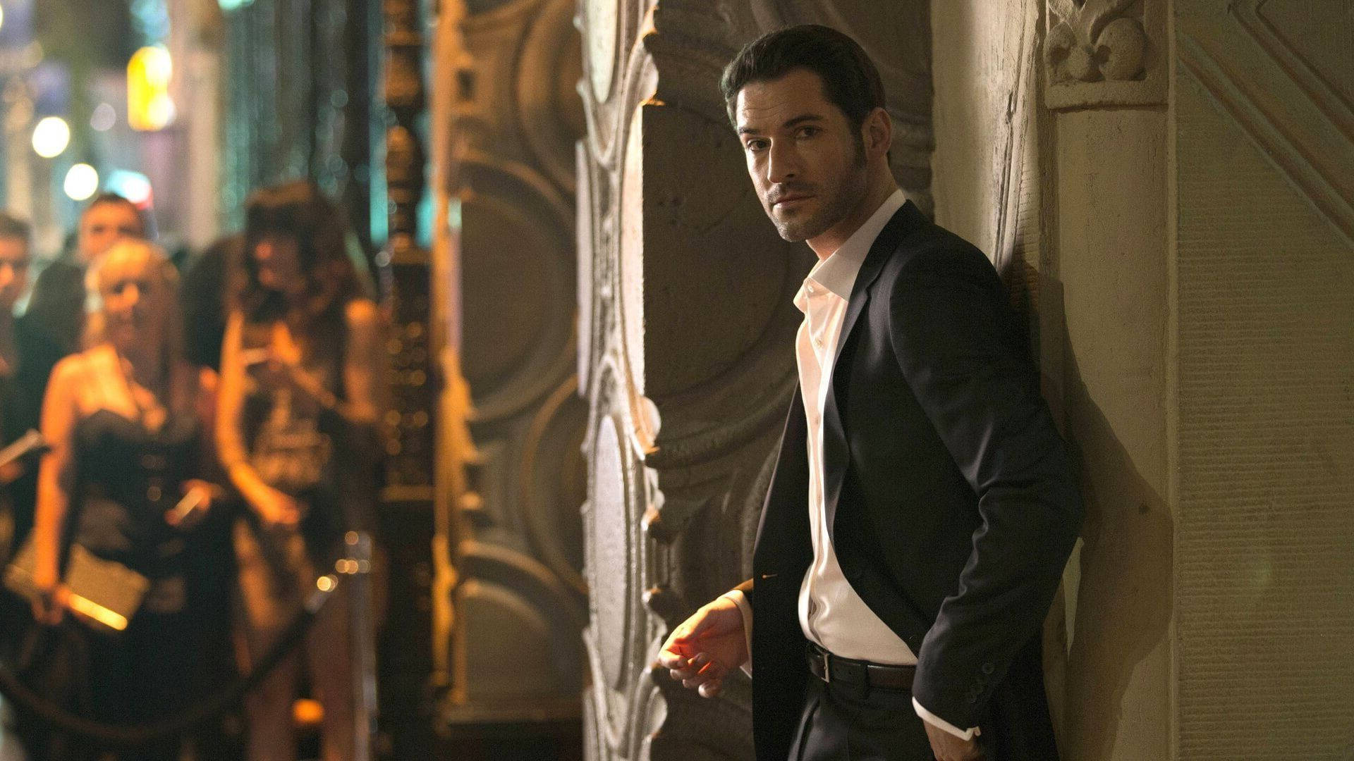 Lucifer Morningstar, ornate pillar, bustling city street, Full HD Desktop Wallpaper