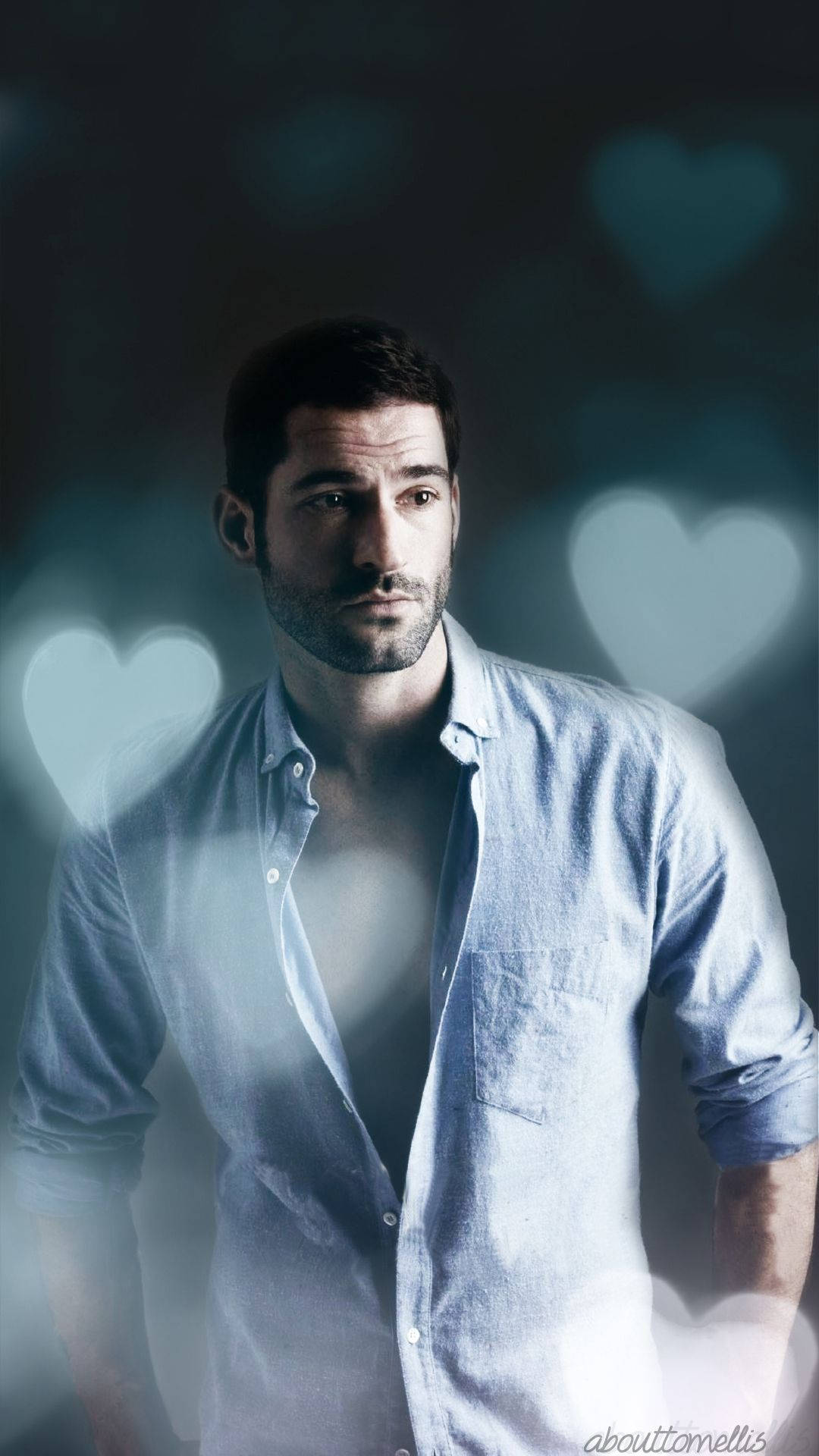 Lucifer Morningstar, light blue shirt, glowing heart-shaped bokeh lights, Full HD Phone Wallpaper