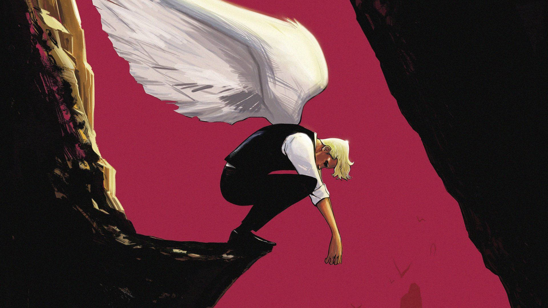 Blonde Lucifer Morningstar, white wings, cliff edge, Full HD Desktop Wallpaper