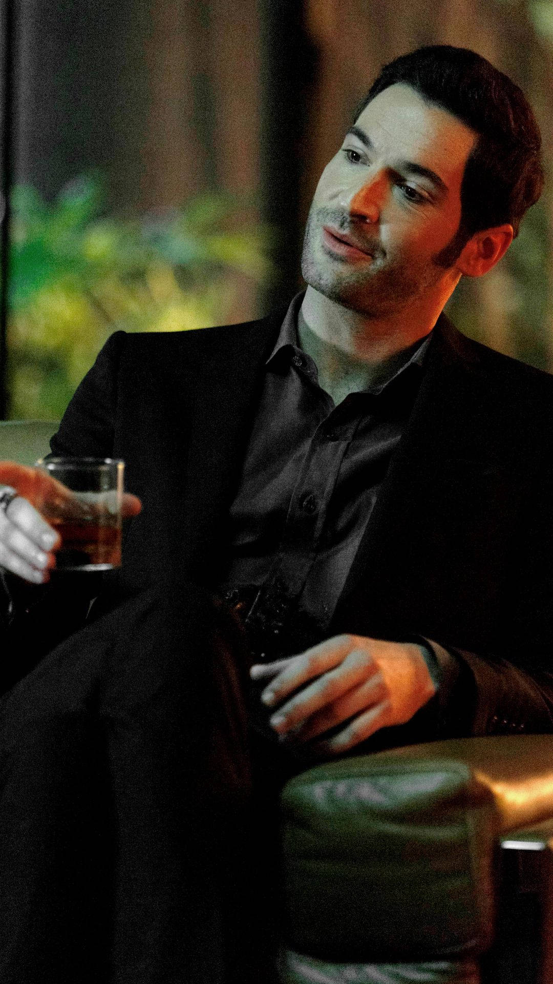 Lucifer Morningstar, black suit, leather chair, Full HD Phone Wallpaper