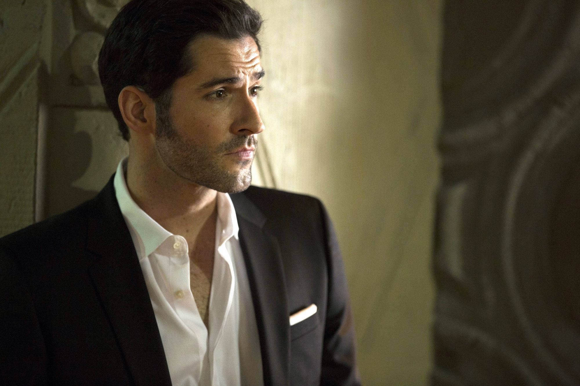 Lucifer Morningstar, black suit, white shirt, Full HD Desktop Wallpaper