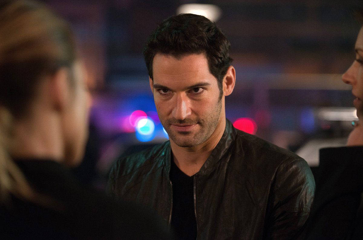 Lucifer Morningstar, black leather jacket, dimly lit urban night scene, SD Desktop Wallpaper