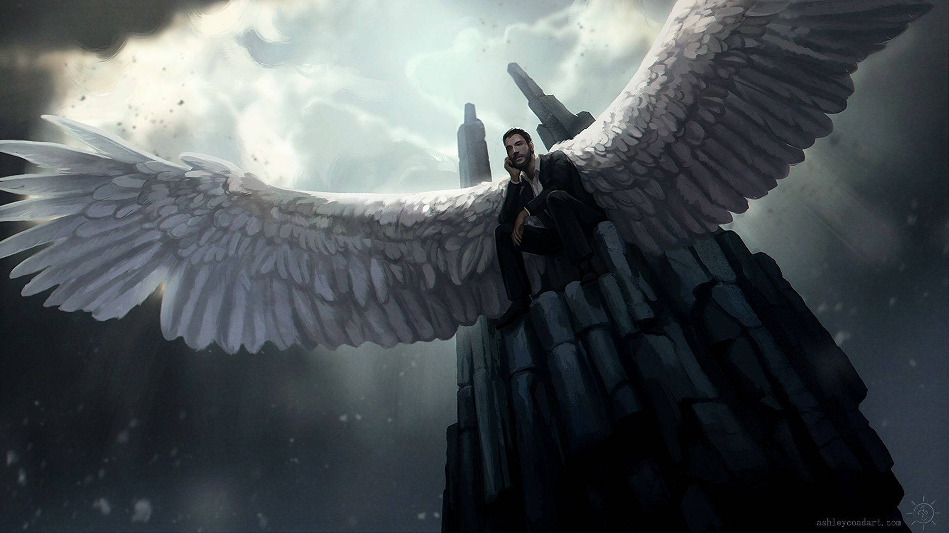 Lucifer, white angel wings, dark stone spire, Full HD Desktop Wallpaper