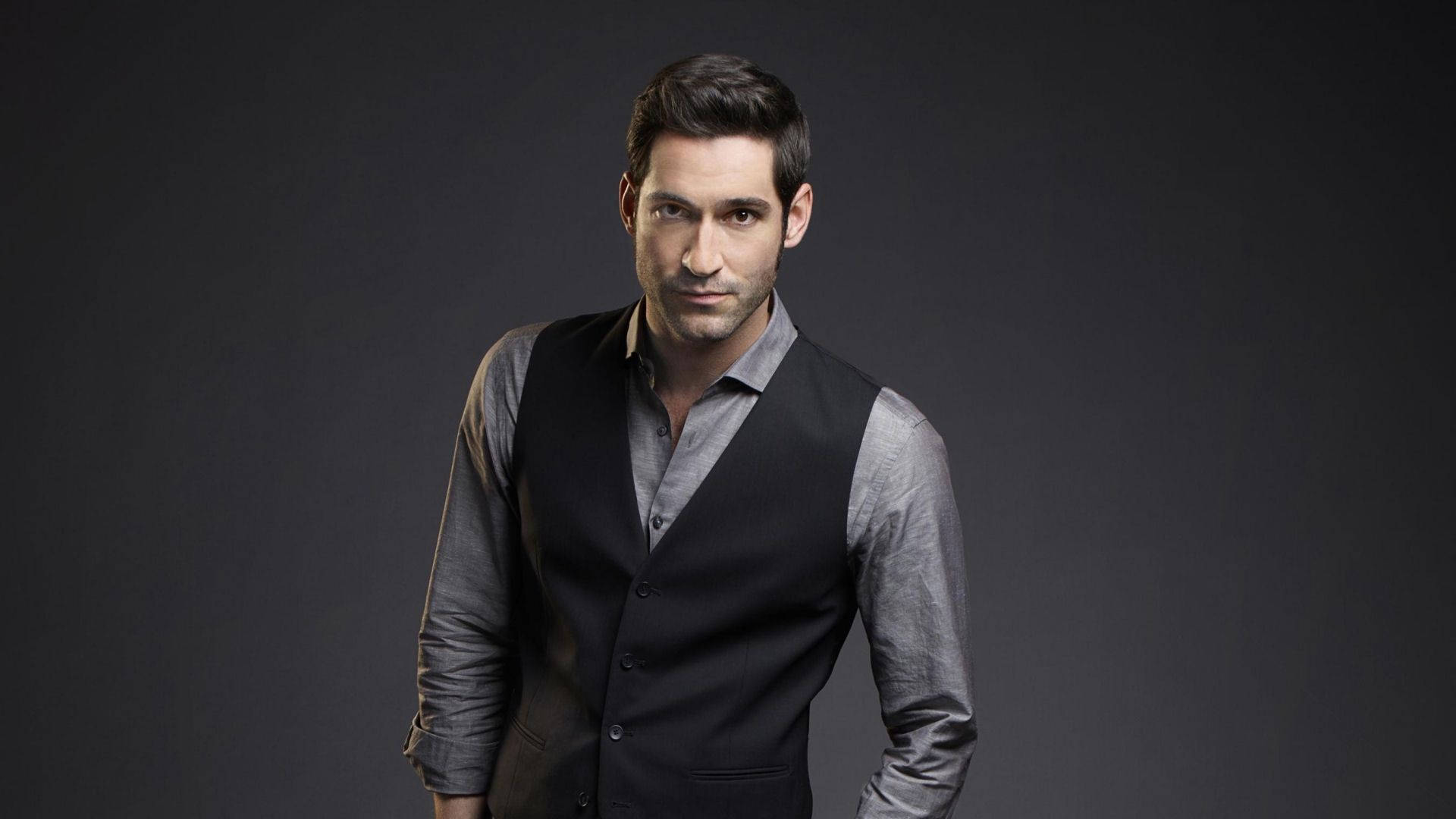 Lucifer, dark vest, gray shirt, Full HD Desktop Wallpaper