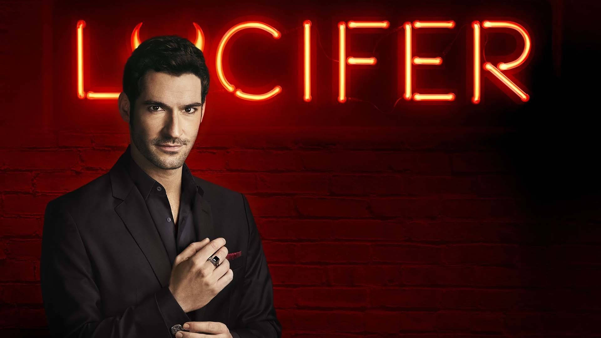 Lucifer, black suit, glowing red neon LUCIFER sign, Full HD Desktop Wallpaper