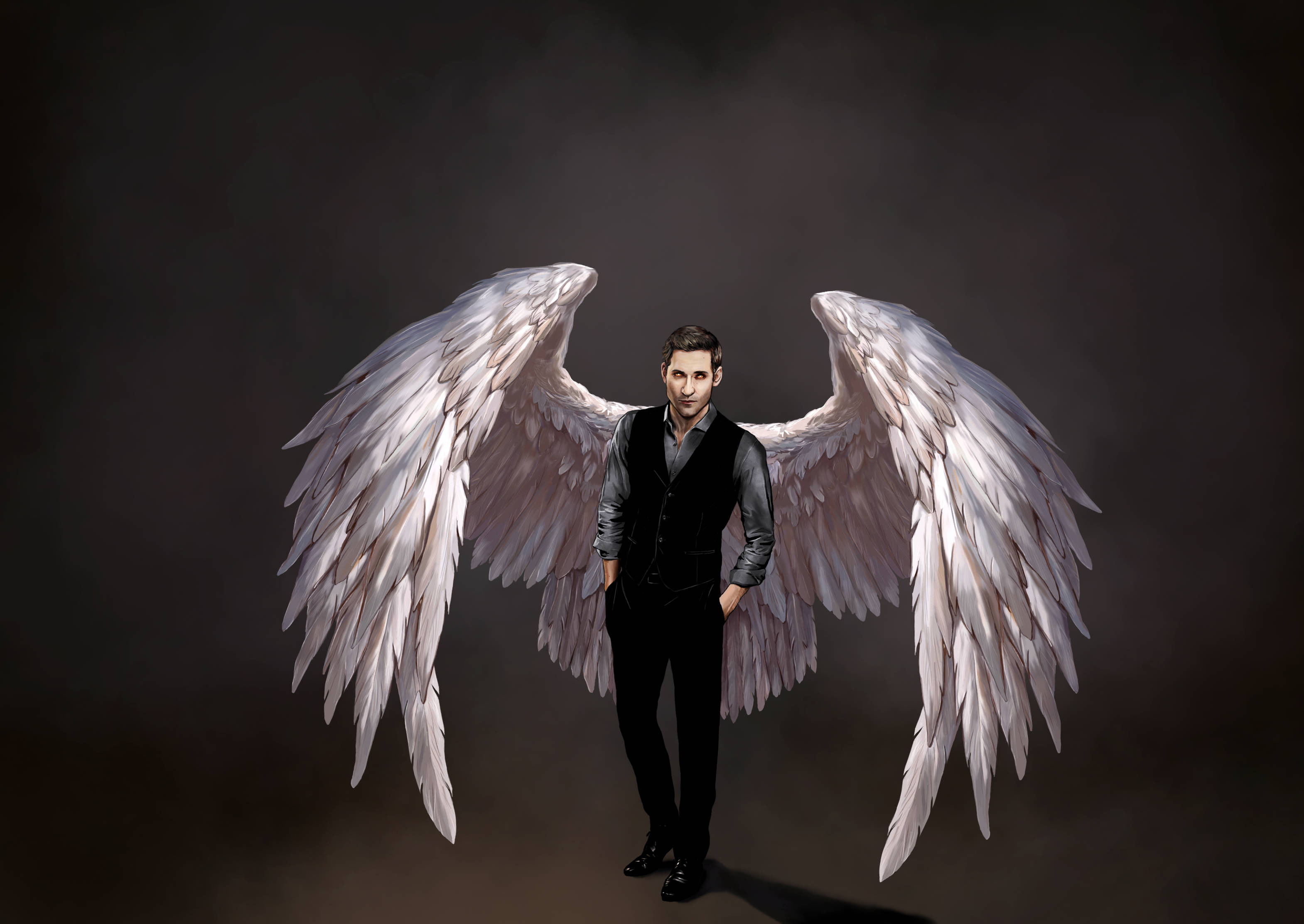 Lucifer, white angel wings, black suit, 2K Desktop Wallpaper